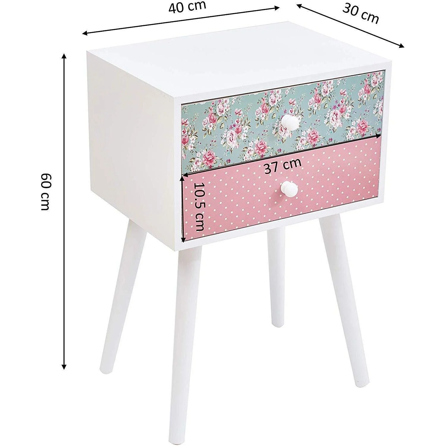 Cherry Tree Furniture CANTERBURY Wooden 2-Drawer Bedside Table Nightstand, Rose & Polka Dot Pattern - Image 6