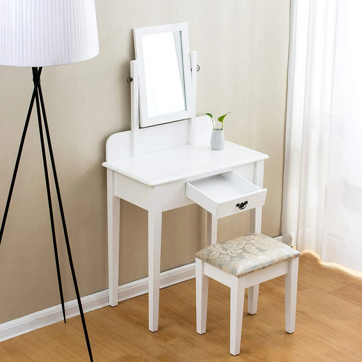 1-Drawer White Dressing Table with Stool & Single Square Mirror - Image 3