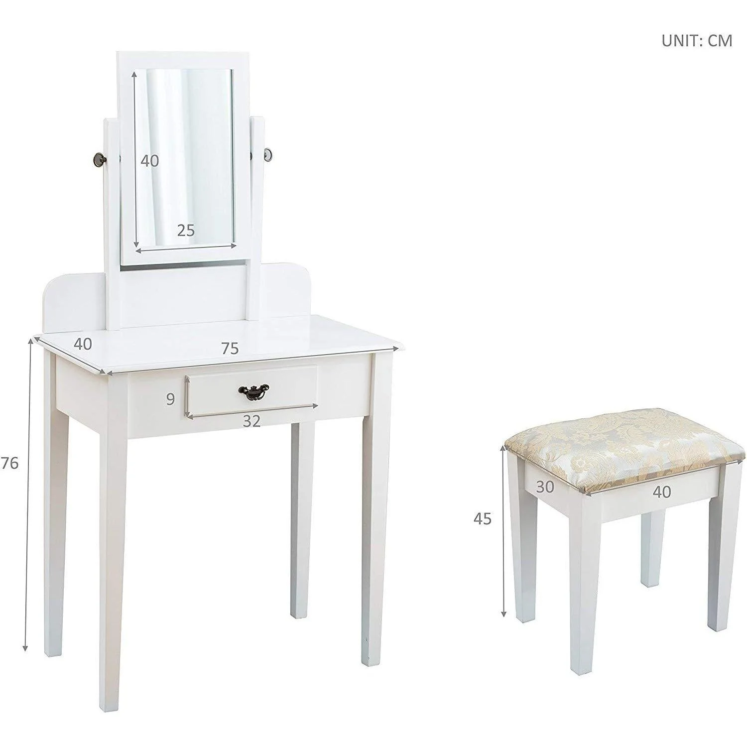 1-Drawer White Dressing Table with Stool & Single Square Mirror - Image 9