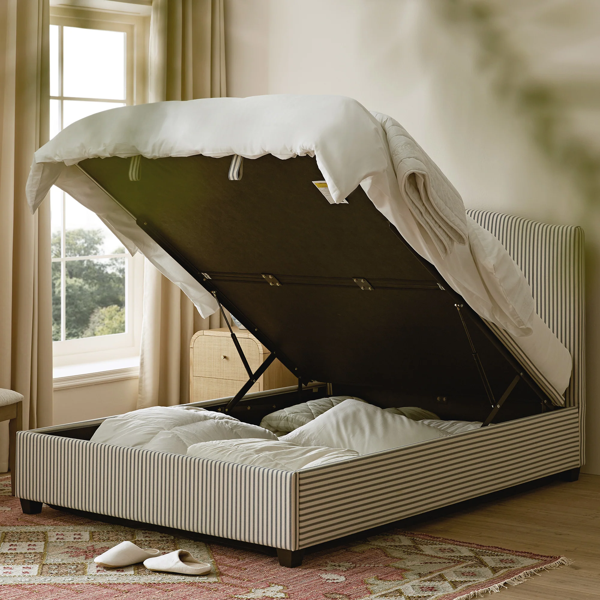 Chilworth Upholstered Ottoman Storage Bed, Blue Stripe Linen Blend - Image 3