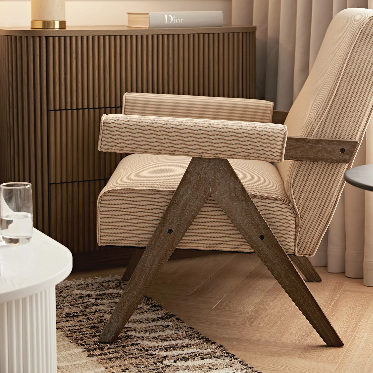 Chinnor Ochre Striped Linen Blend Weathered Oak Frame Accent Chair - Image 6
