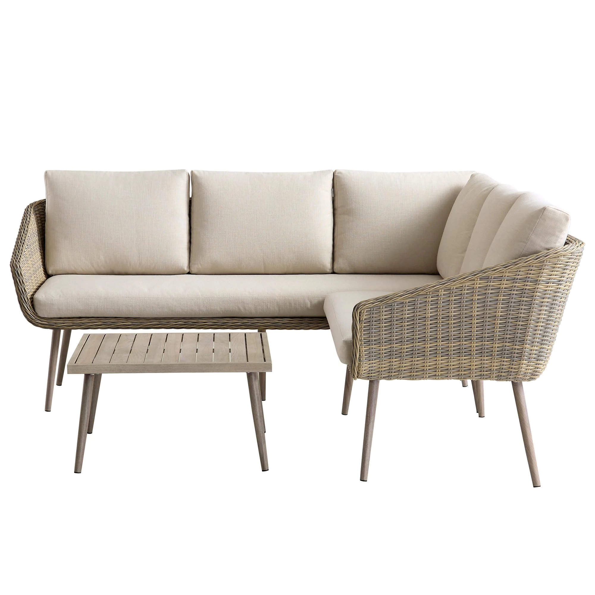 Cliveden Outdoor Aluminium Washed Wood Effect and Round Wicker Rattan Corner Sofa Set - Image 4