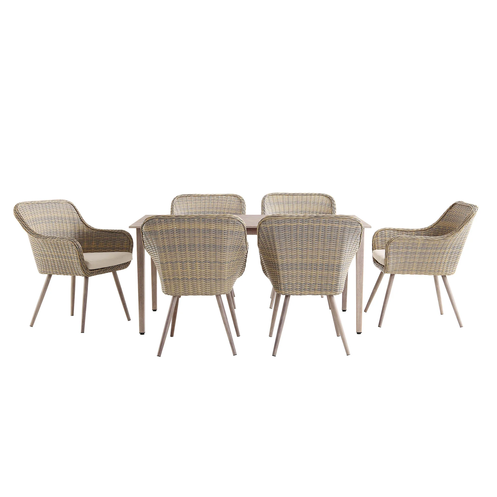 Cliveden Outdoor Aluminium Washed Wood Effect and Round Wicker Rattan 6-Seater Dining Set - Image 5
