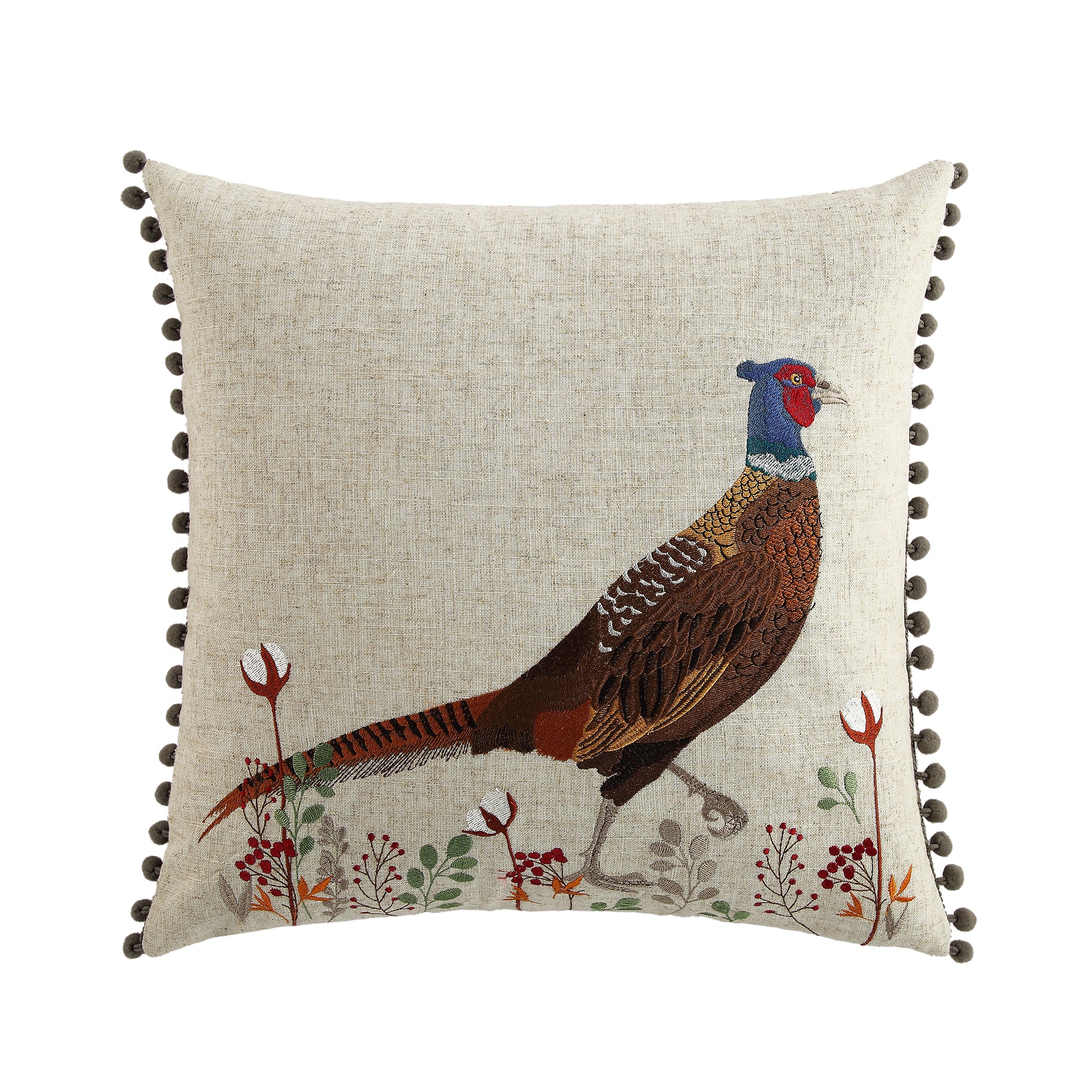 Country Collection Pheasant Embroidered Linen Blend Cushion - Image 3