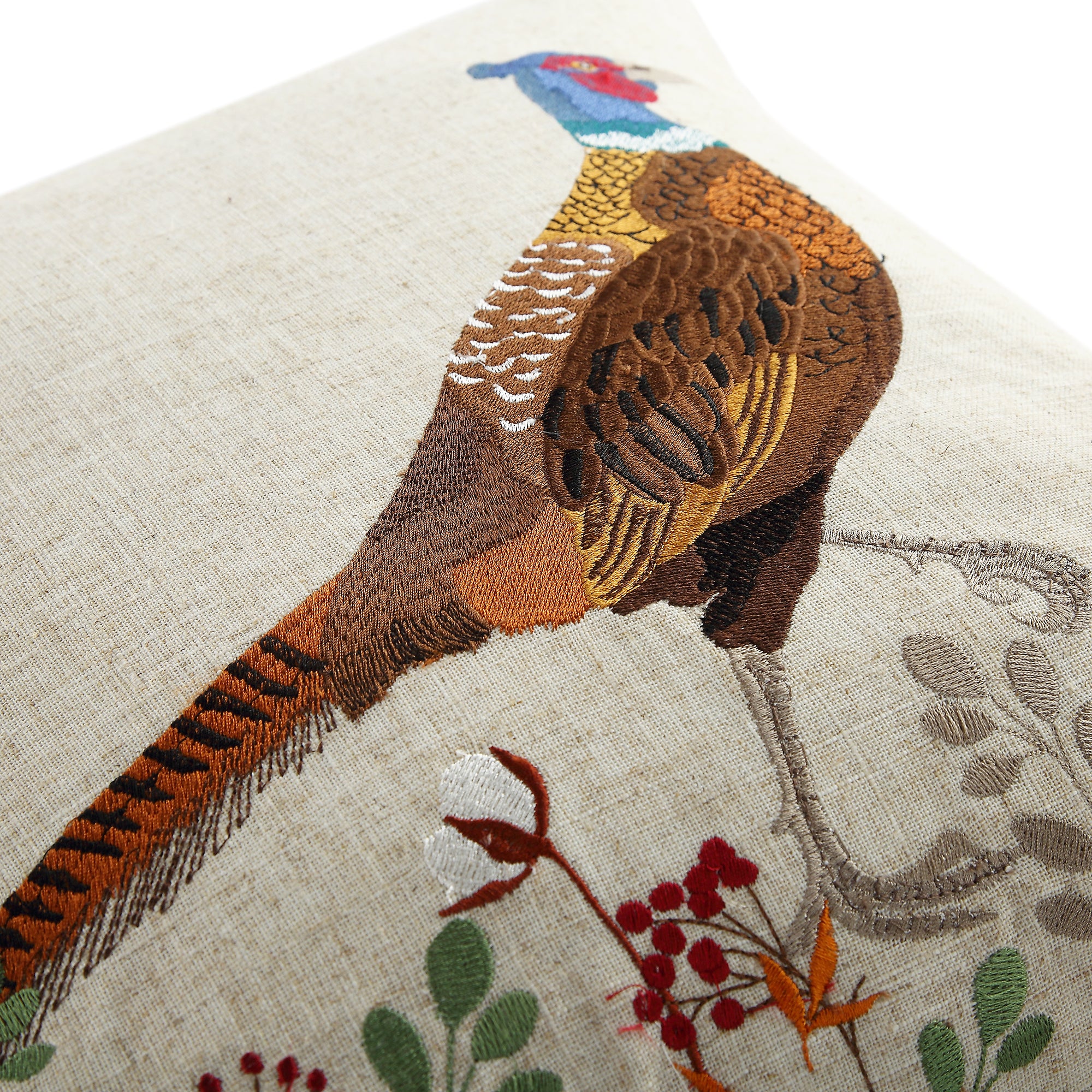 Country Collection Pheasant Embroidered Linen Blend Cushion - Image 5