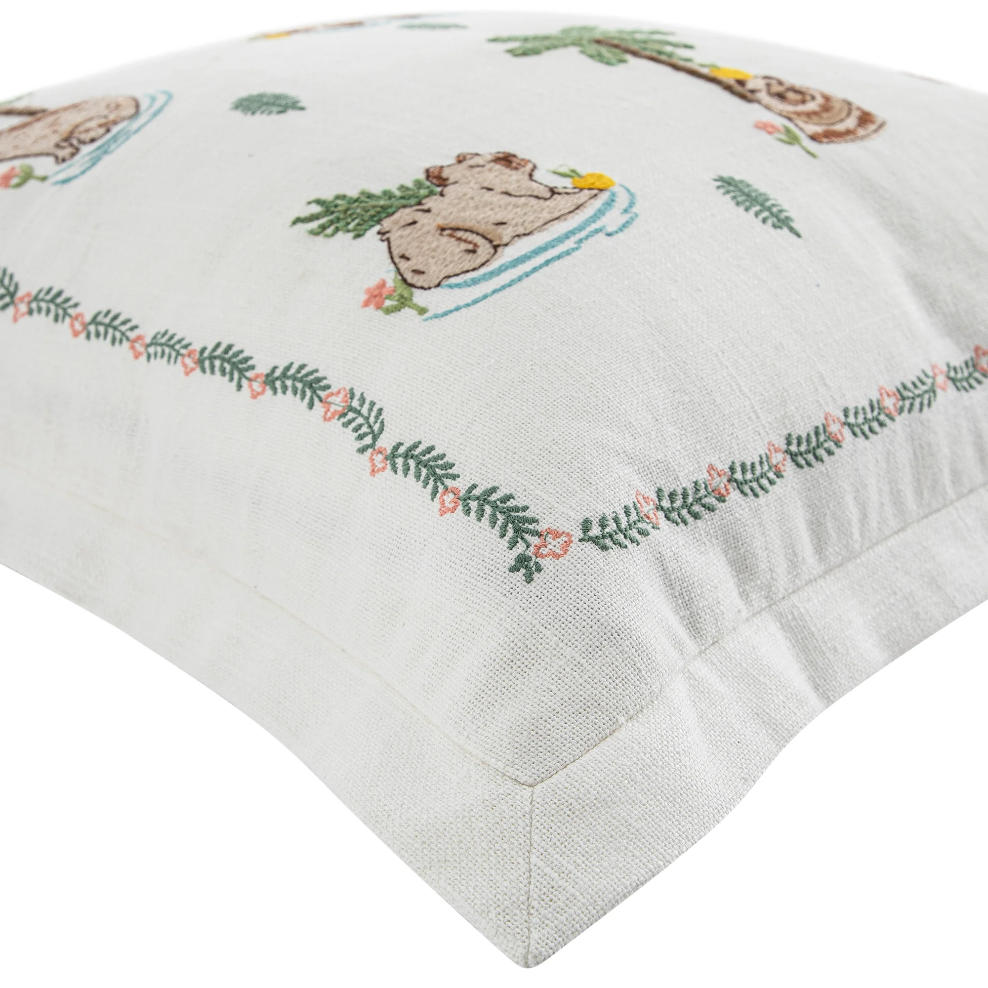 Whimsical Animals Capybaras and Yuzu Hand Embroidered Cushion - Image 4