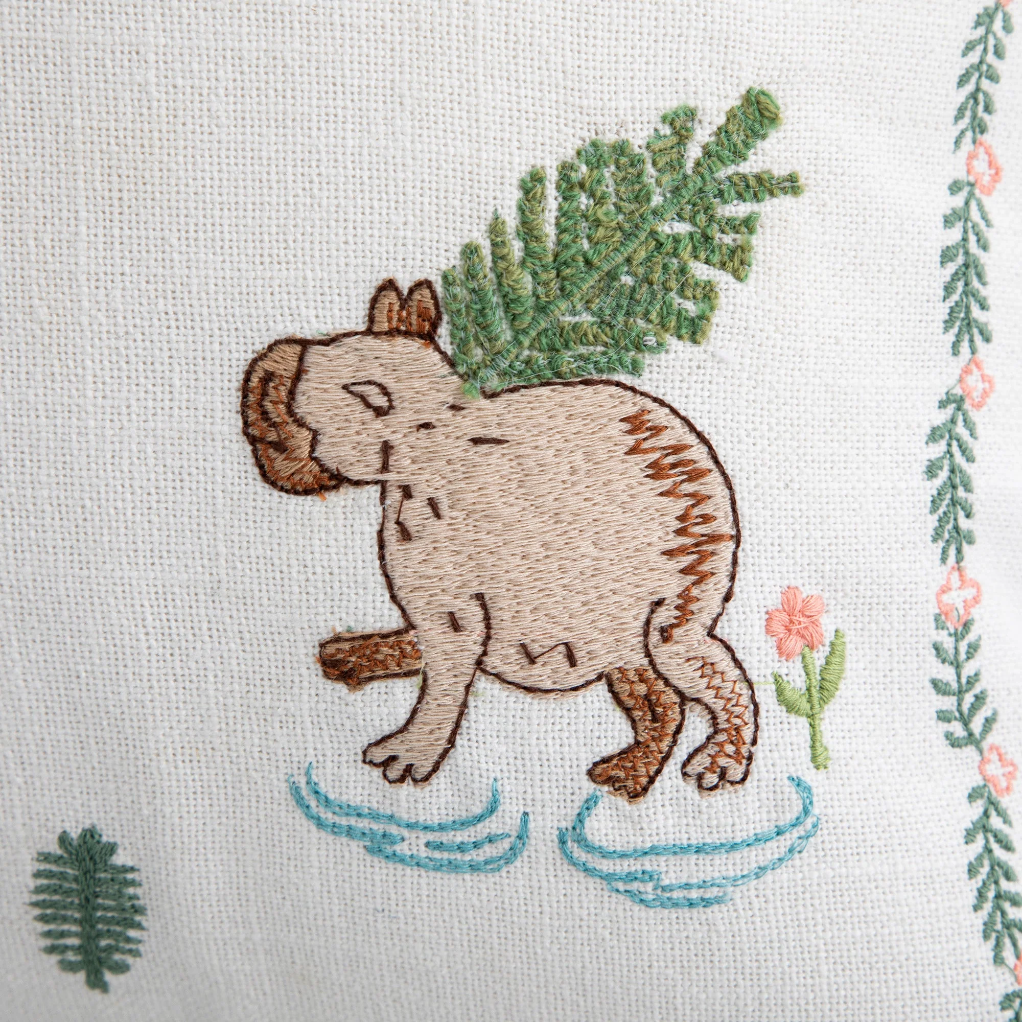 Whimsical Animals Capybaras and Yuzu Hand Embroidered Cushion - Image 7