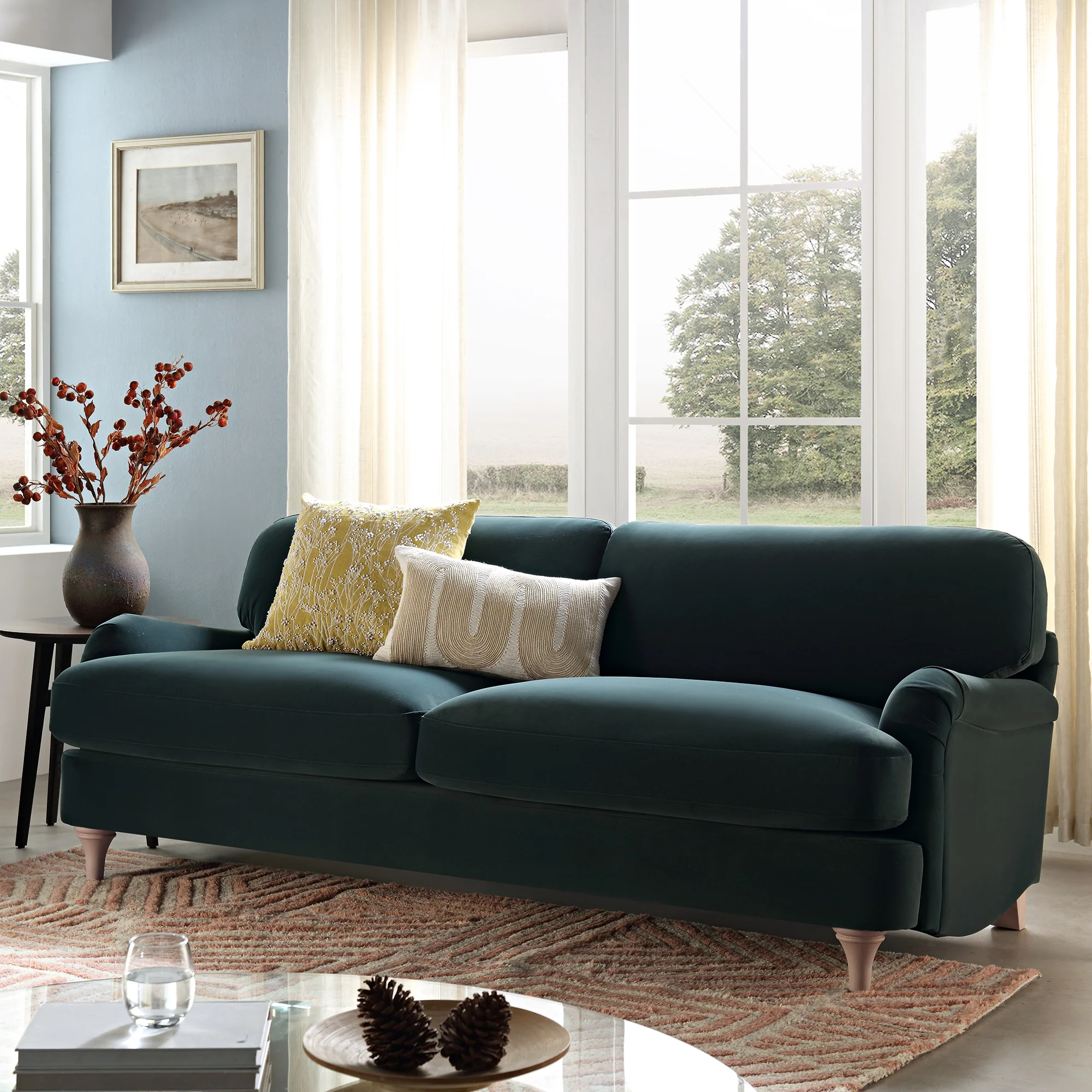 Daphnis Aegean Blue Velvet Sofa, 3-Seater - Image 2