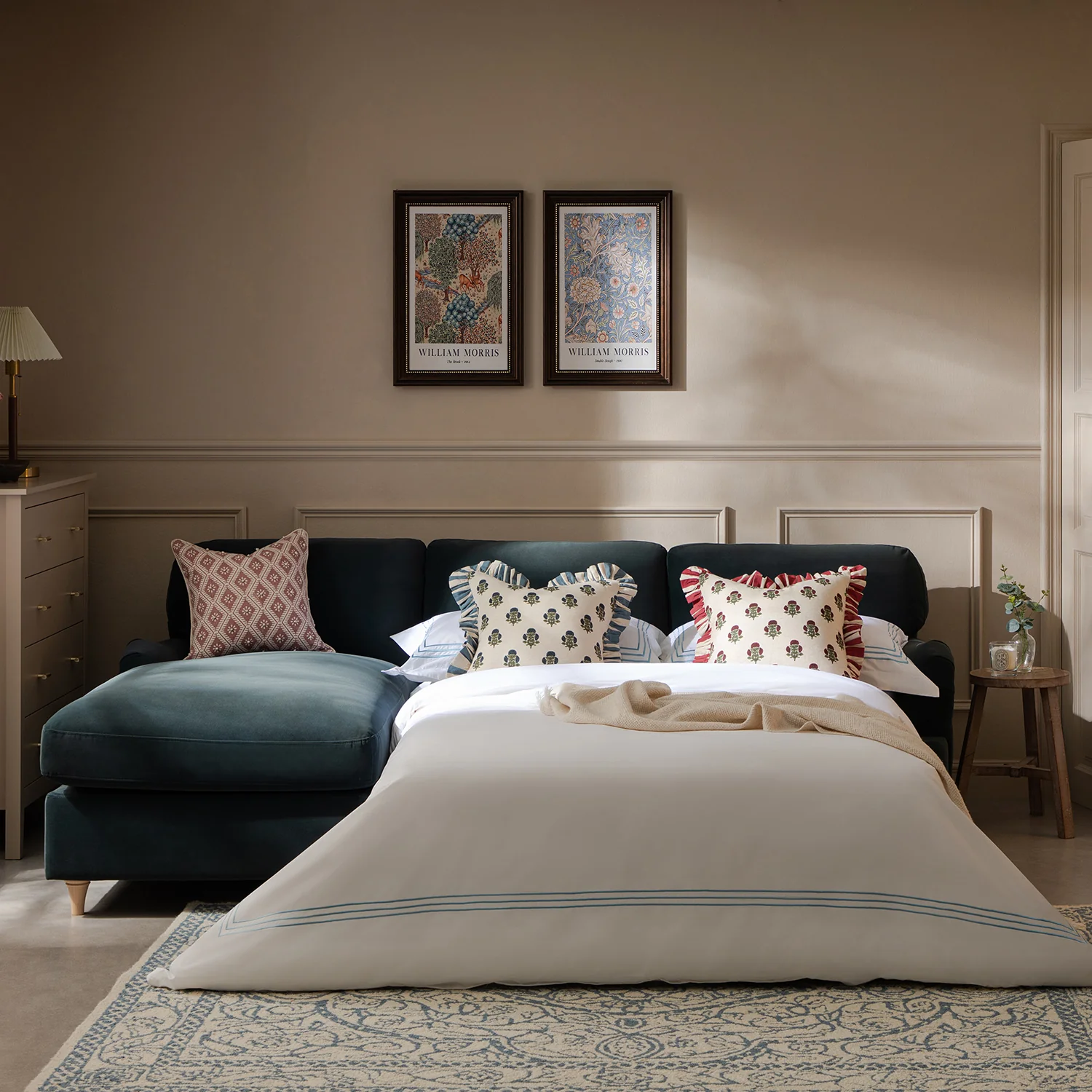 Daphnis Aegean Blue Velvet Sofa Bed, Grande Chaise Left Hand Facing - Image 3