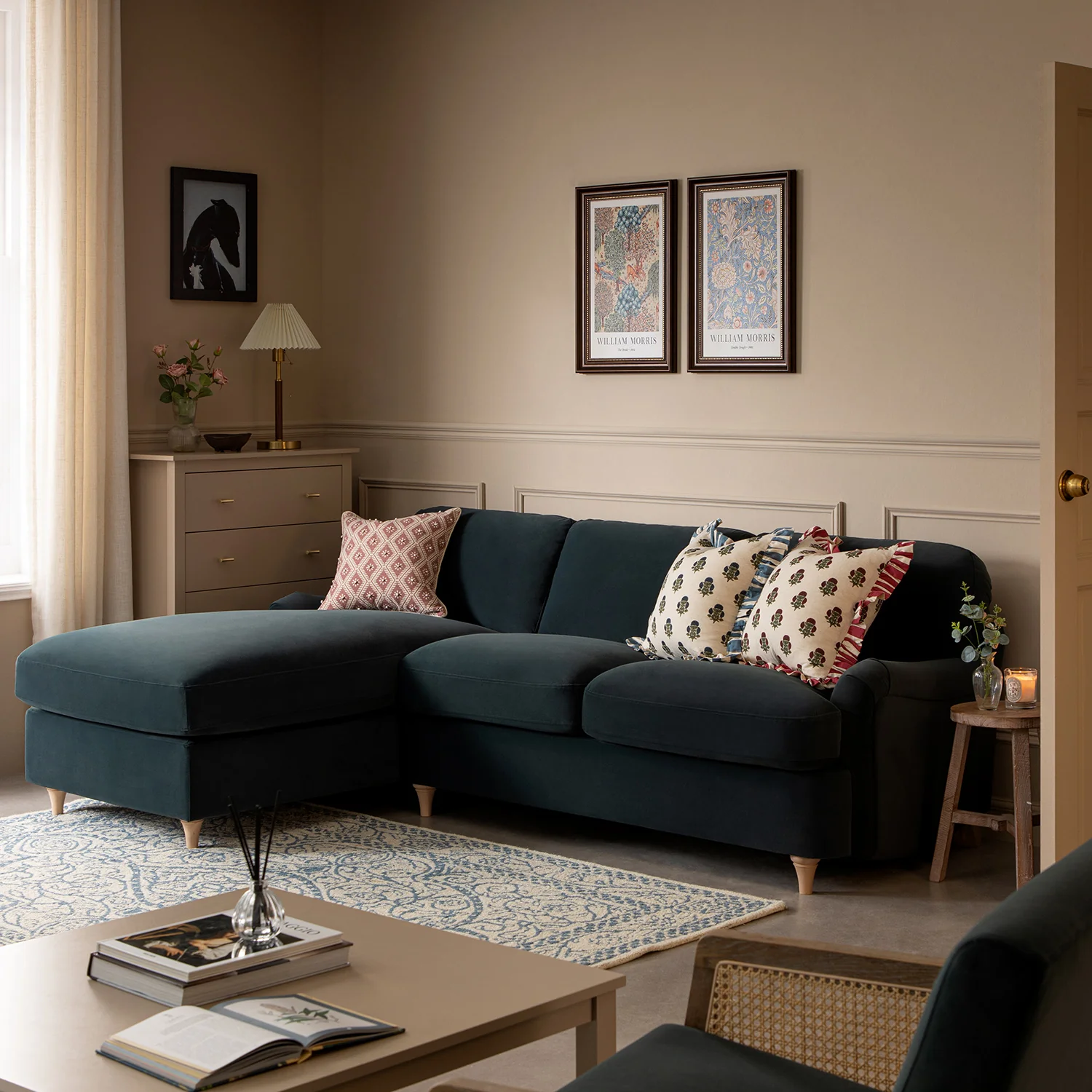 Daphnis Aegean Blue Velvet Sofa Bed, Grande Chaise Left Hand Facing - Image 5
