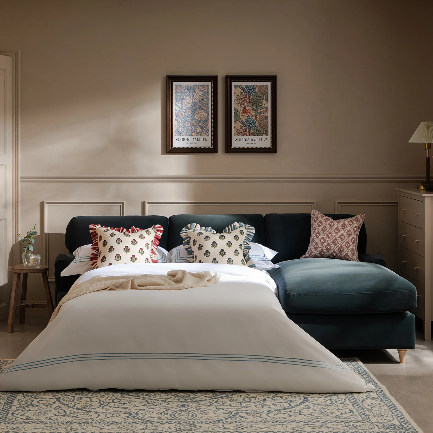 Daphnis Aegean Blue Velvet Sofa Bed, Grande Chaise Right Hand Facing - Image 3