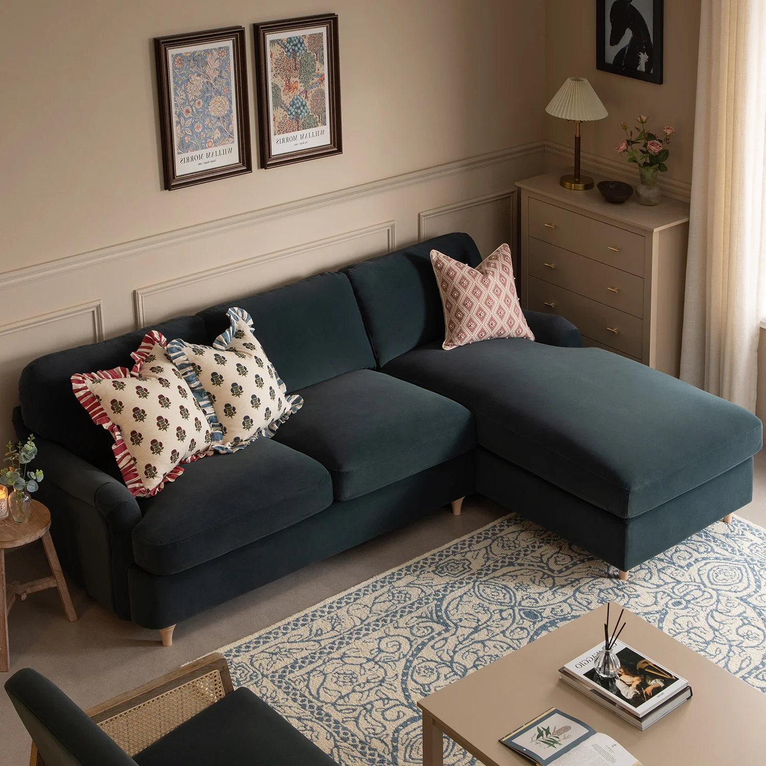 Daphnis Aegean Blue Velvet Sofa Bed, Grande Chaise Right Hand Facing - Image 4