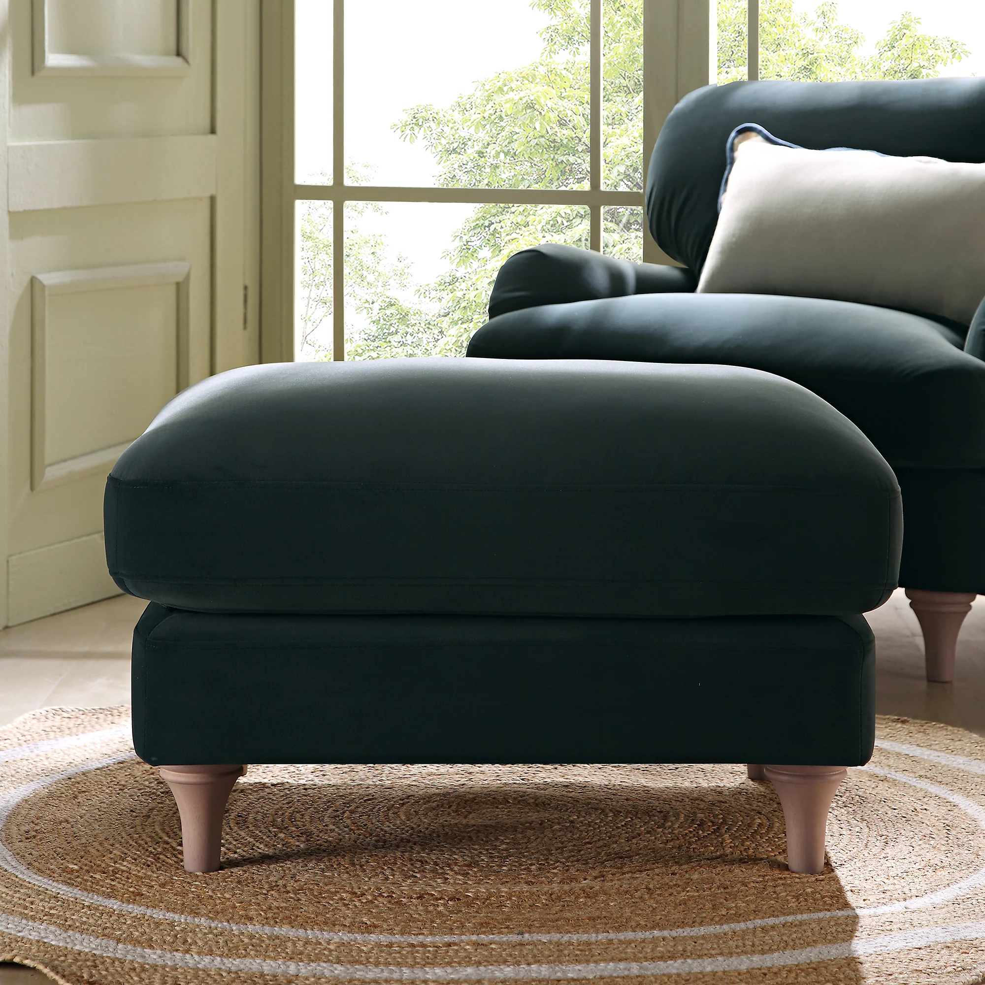 Daphnis Aegean Blue Velvet Sofa, Footstool - Image 2