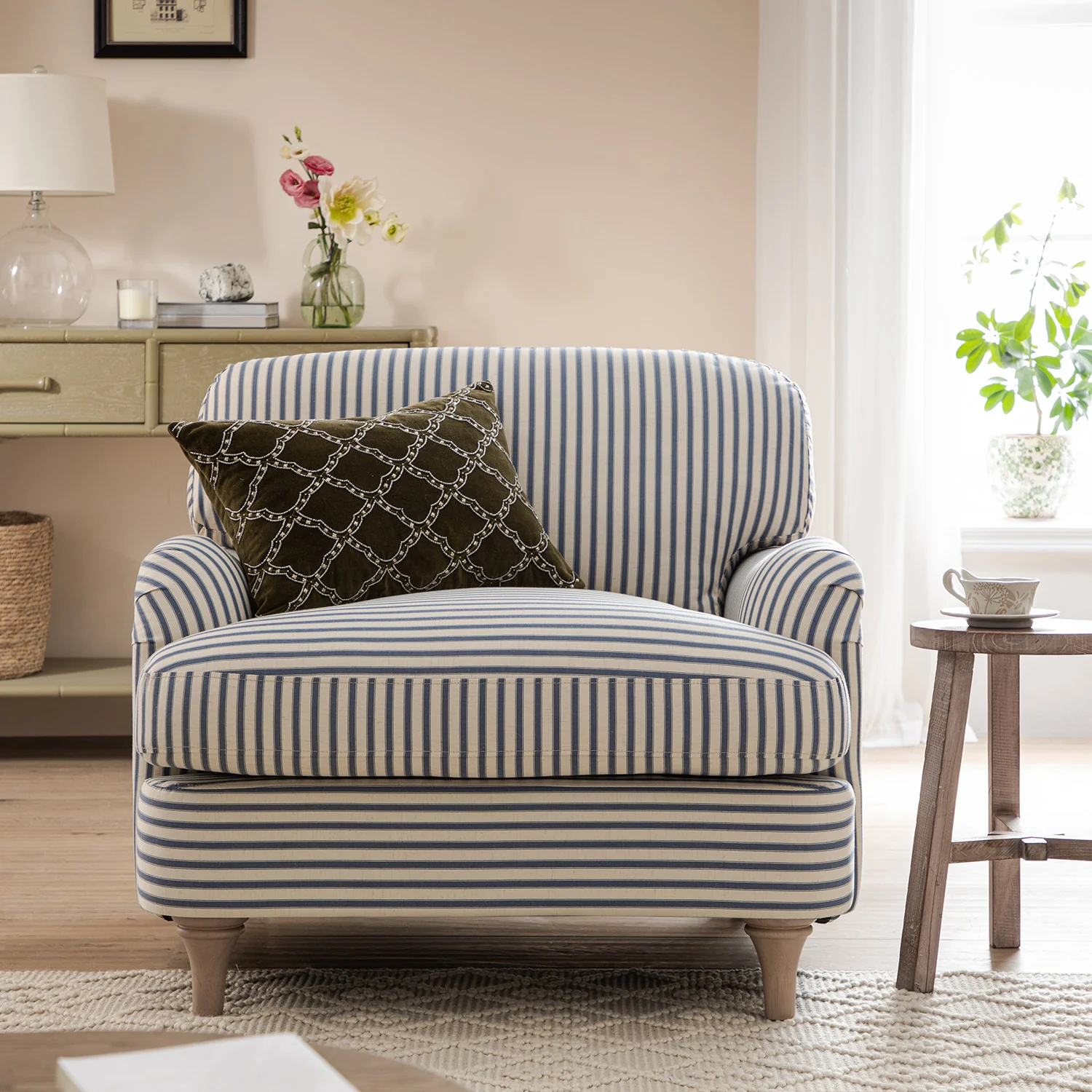 Daphnis Blue Striped Linen Blend Sofa, 1-Seater - Image 2