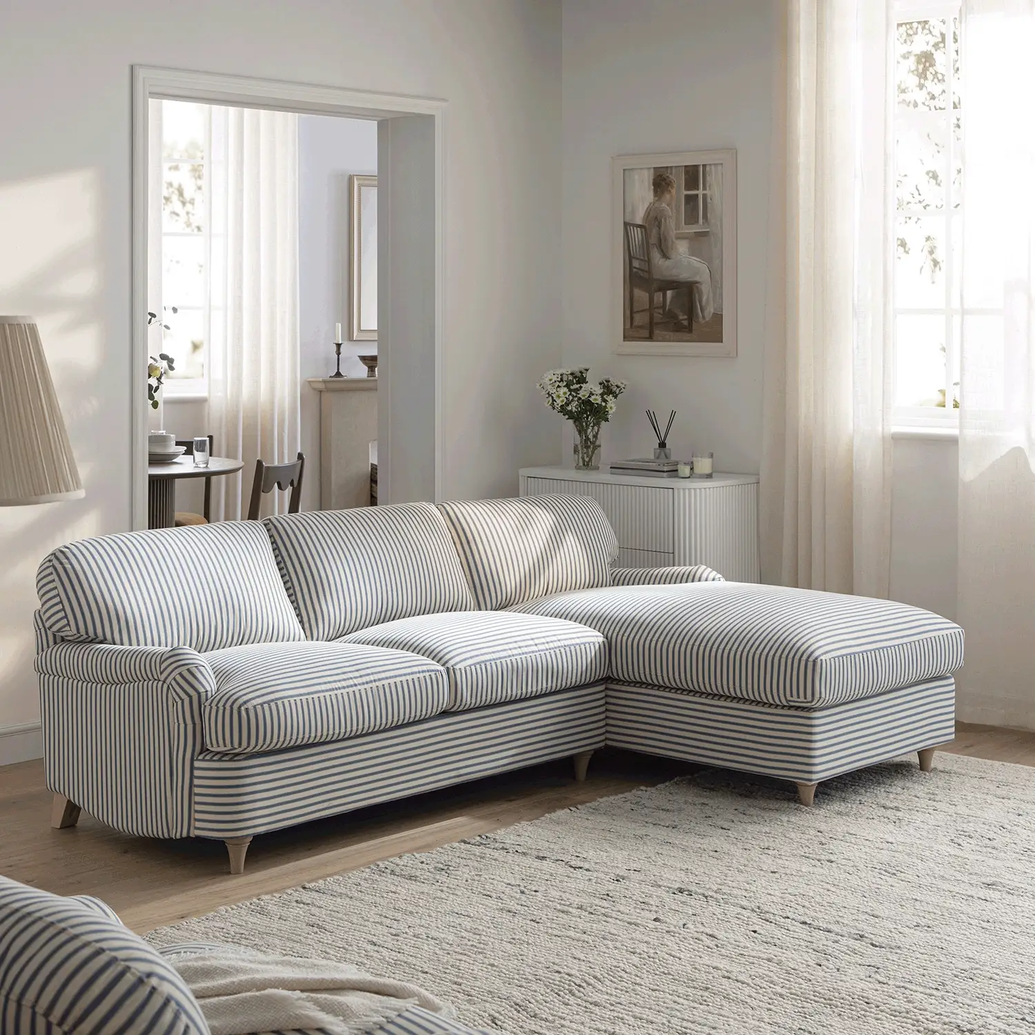 Daphnis Blue Striped Linen Blend Sofa Bed, Grande Chaise Right Hand Facing - Image 2