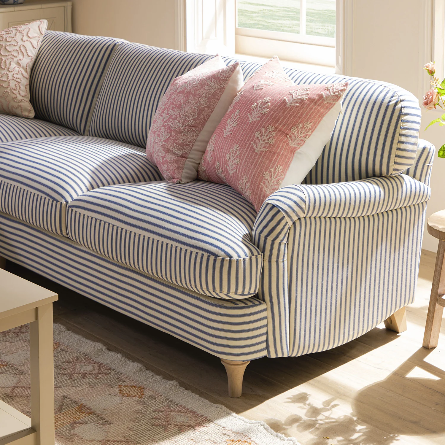 Daphnis Blue Striped Linen Blend Sofa, Grande Chaise Sofa Left Hand Facing - Image 5