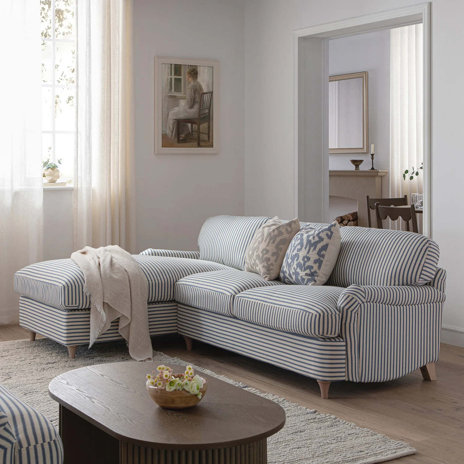 Daphnis Blue Striped Linen Blend Sofa Bed, Grande Chaise Left Hand Facing - Image 2
