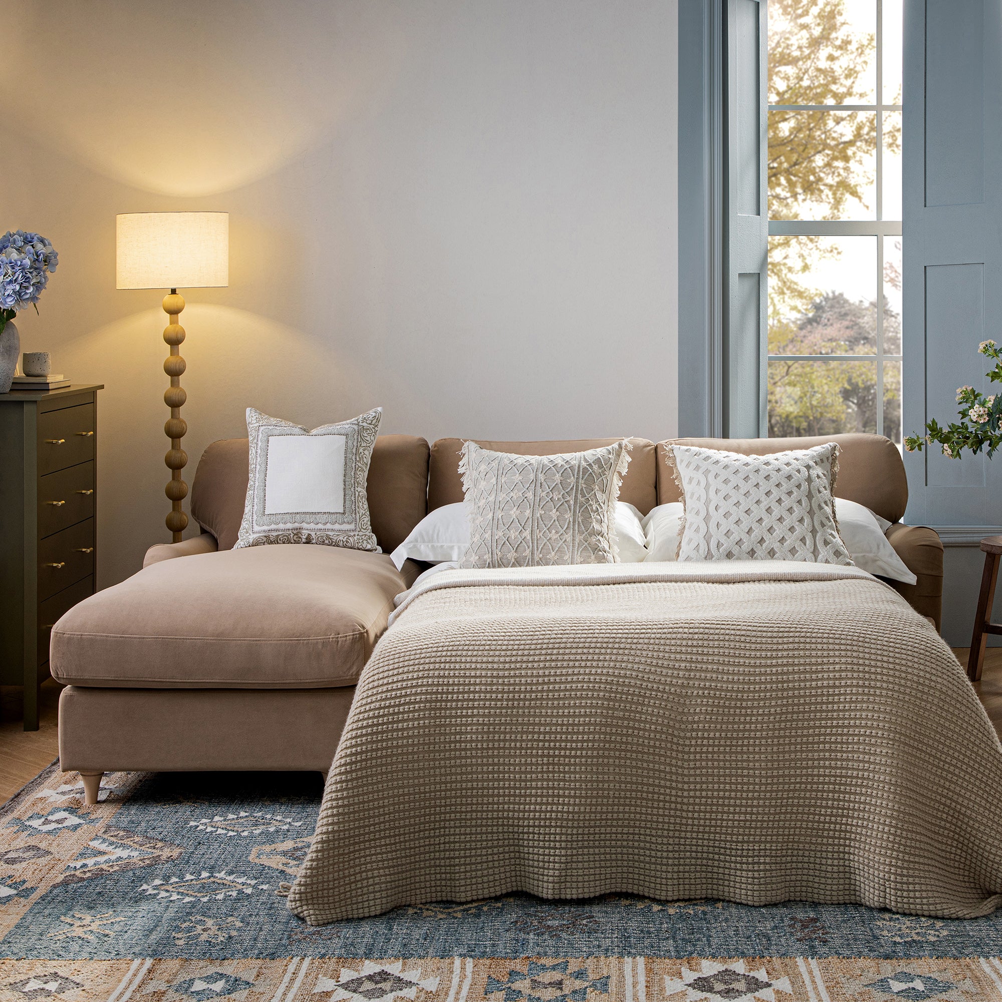 Daphnis Camel Velvet Sofa Bed, Grande Chaise Left Hand Facing - Image 2