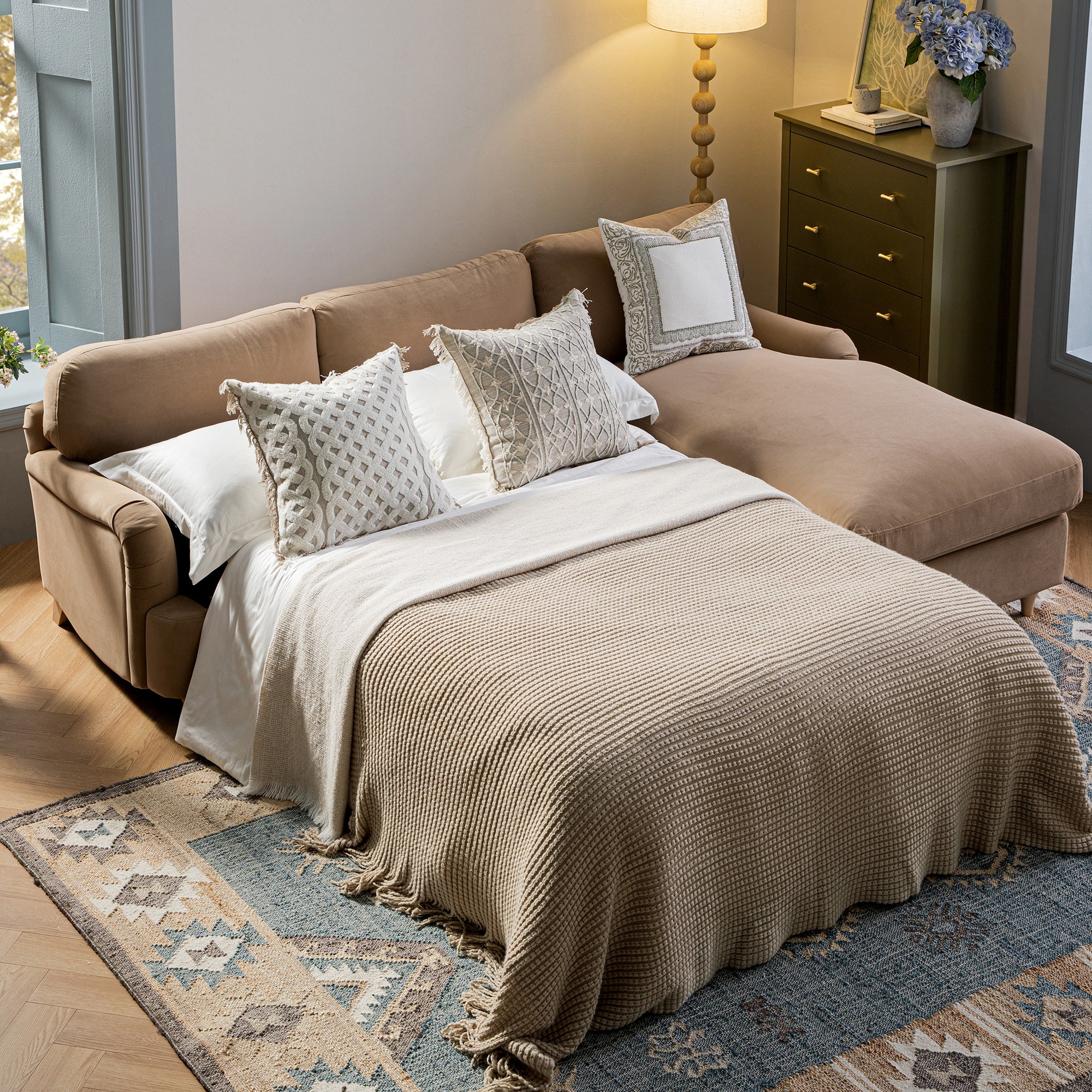 Daphnis Camel Velvet Sofa Bed, Grande Chaise Right Hand Facing - Image 2