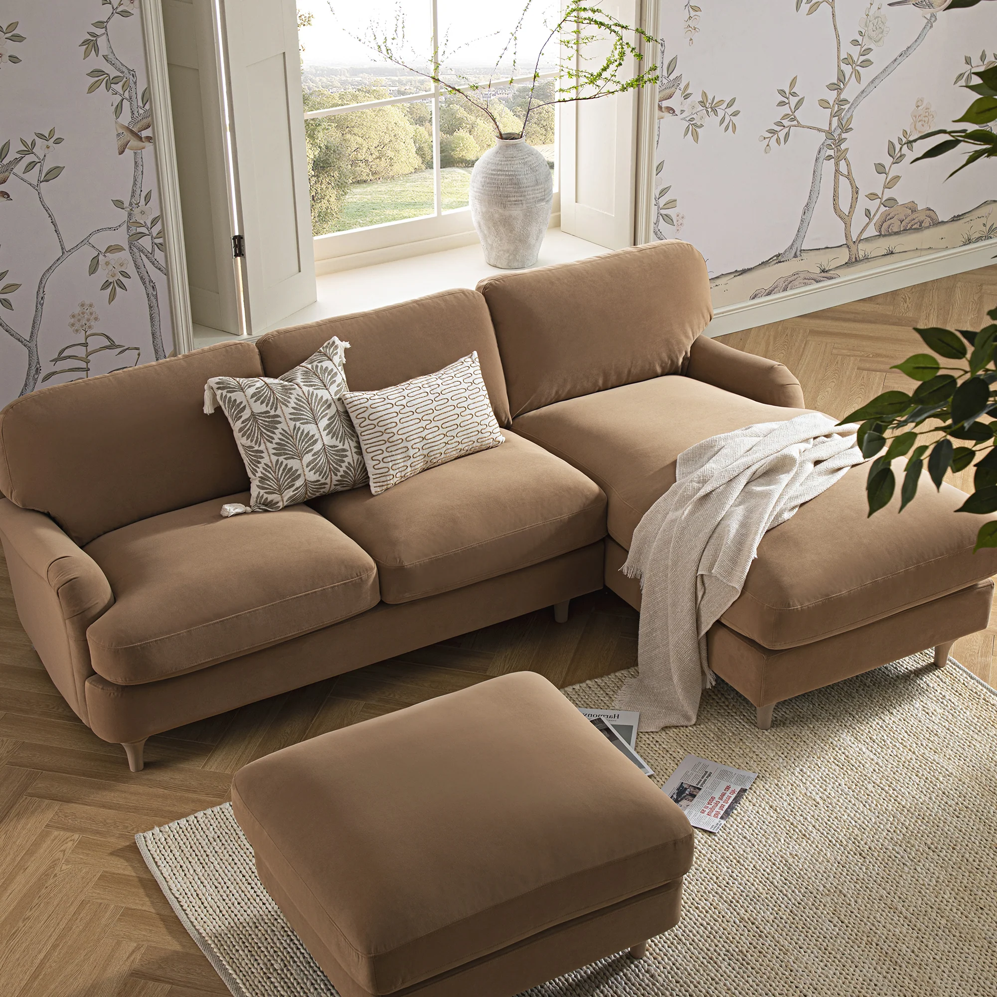 Daphnis Camel Velvet Sofa, Grande Chaise Sofa Right Hand Facing - Image 3