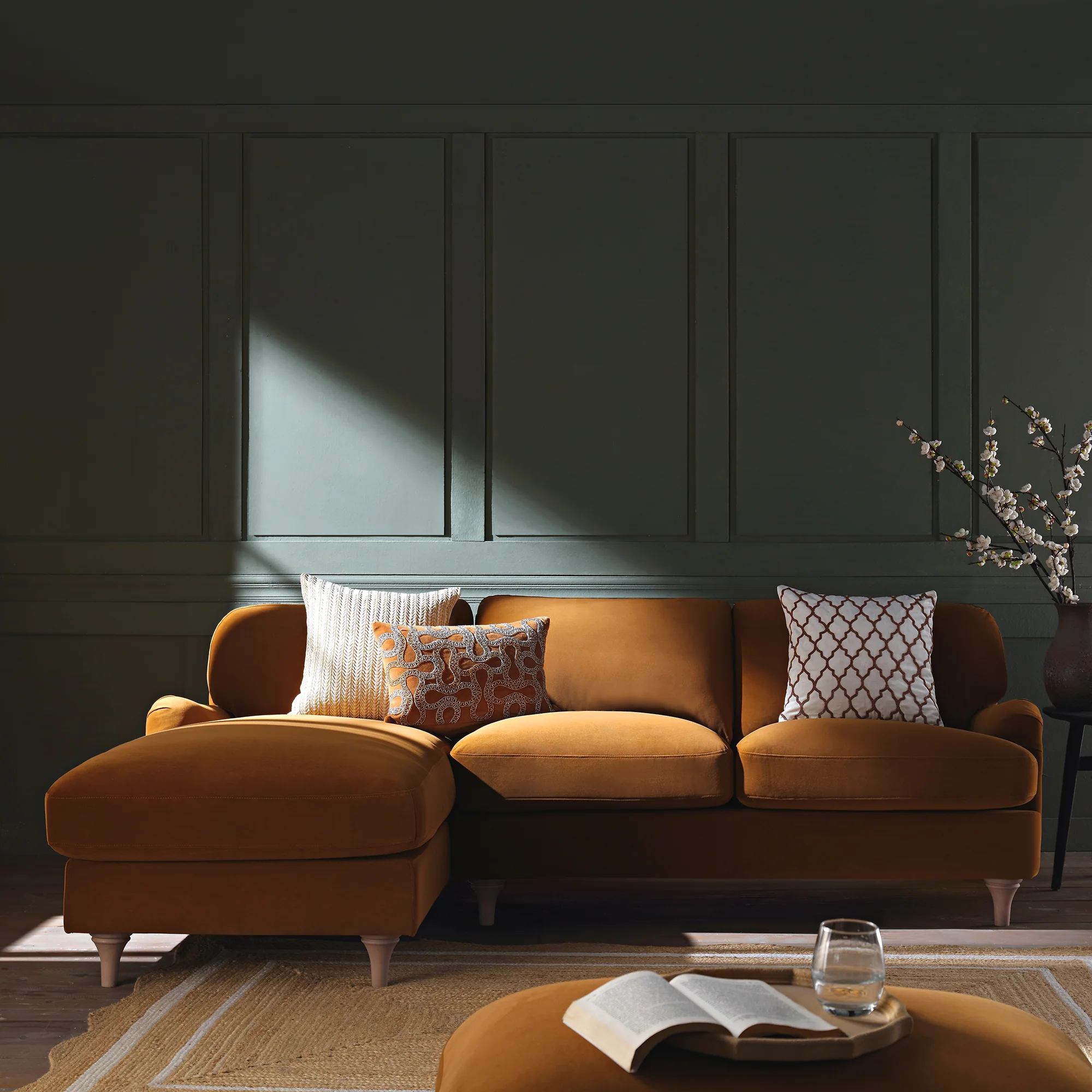 Daphnis Cinnamon Velvet Sofa, Grande Chaise Sofa Left Hand Facing - Image 2