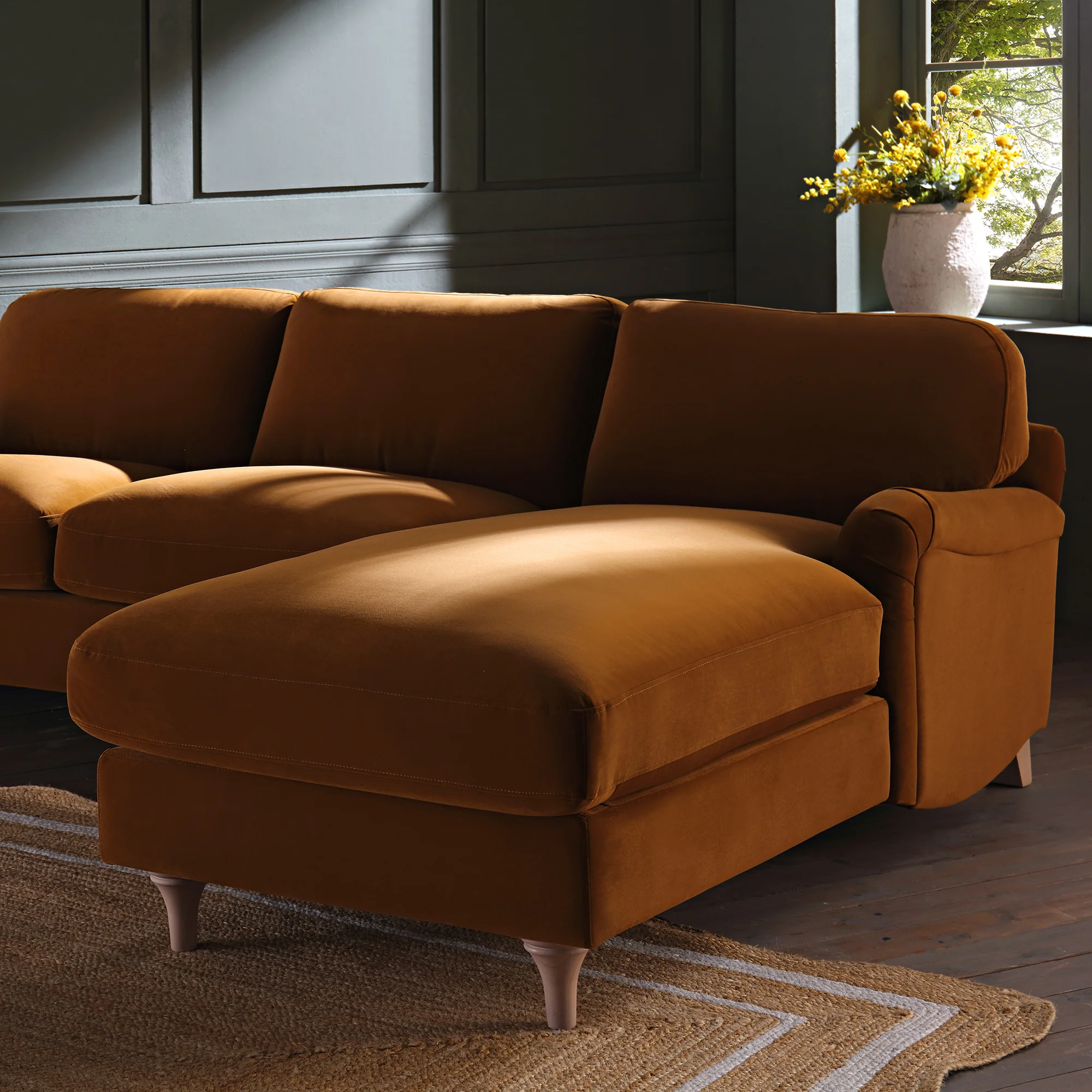Daphnis Cinnamon Velvet Sofa, Grande Chaise Sofa Right Hand Facing - Image 4