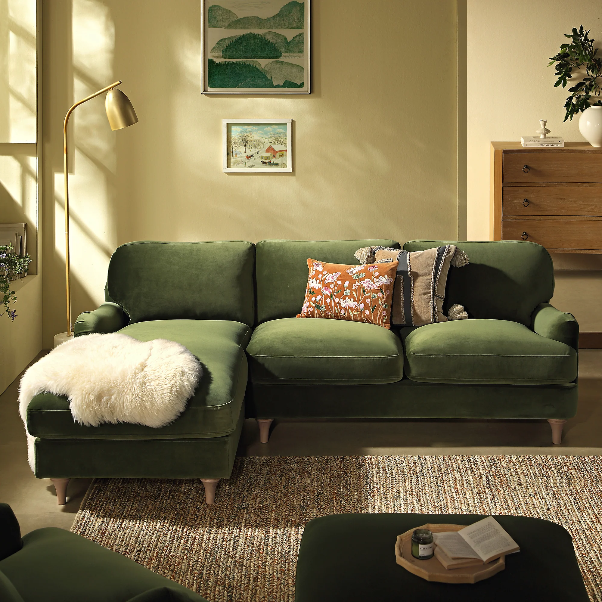 Daphnis Fern Green Velvet Sofa, Grande Chaise Sofa Left Hand Facing - Image 3