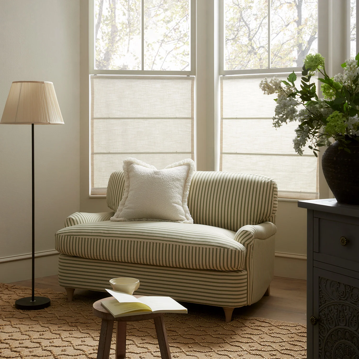 Daphnis Green Striped Linen Blend Fabric Sofa Bed, Loveseat - Image 2