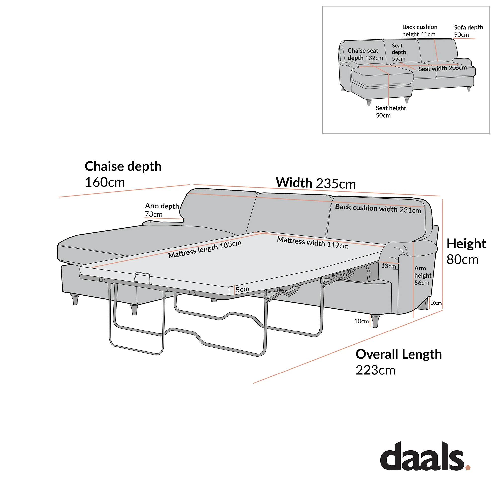 Daphnis Cinnamon Velvet Sofa Bed, Grande Chaise Left Hand Facing - Image 10