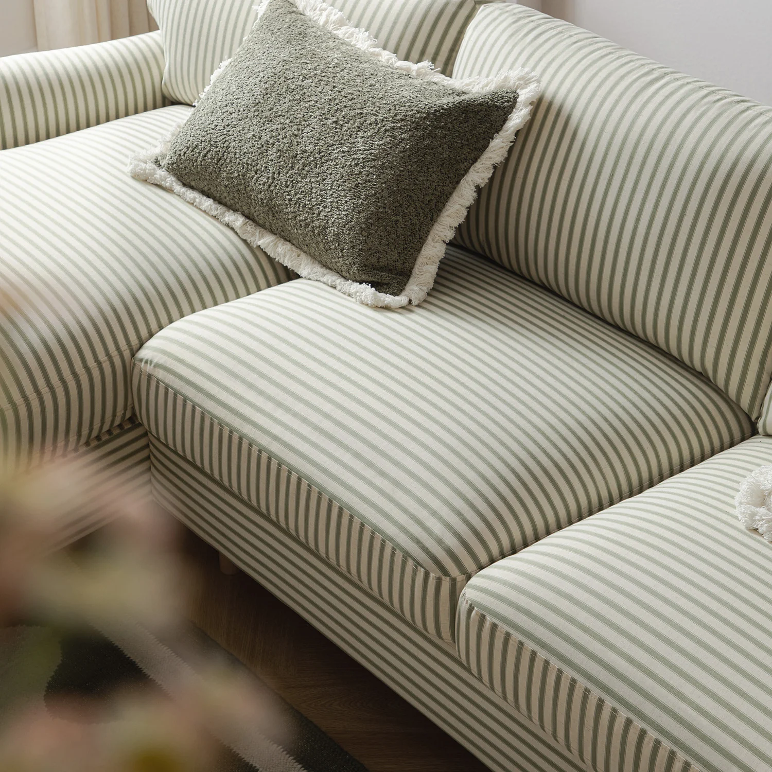 Daphnis Green Striped Linen Blend Sofa, Grande Chaise Sofa Left Hand Facing - Image 3