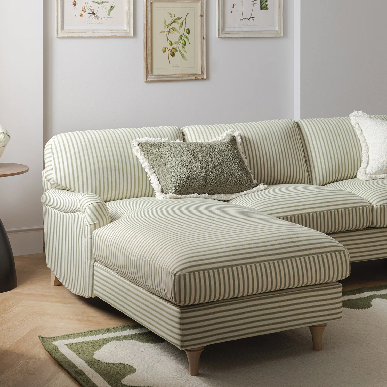 Daphnis Green Striped Linen Blend Sofa, Grande Chaise Sofa Left Hand Facing - Image 4