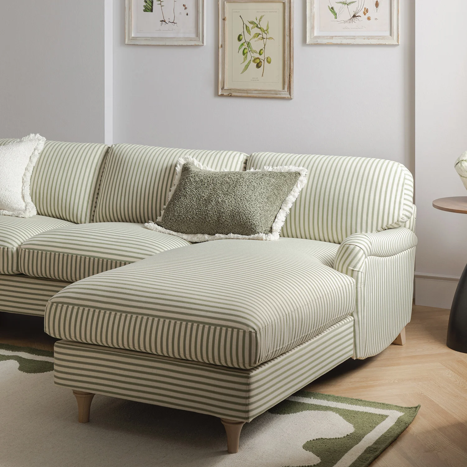 Daphnis Green Striped Linen Blend Sofa, Grande Chaise Sofa Right Hand Facing - Image 3