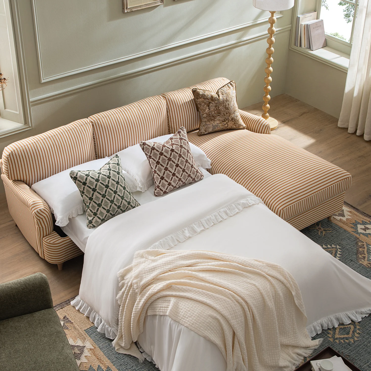 Daphnis Ochre Striped Linen Blend Sofa Bed, Grande Chaise Right Hand Facing - Image 2