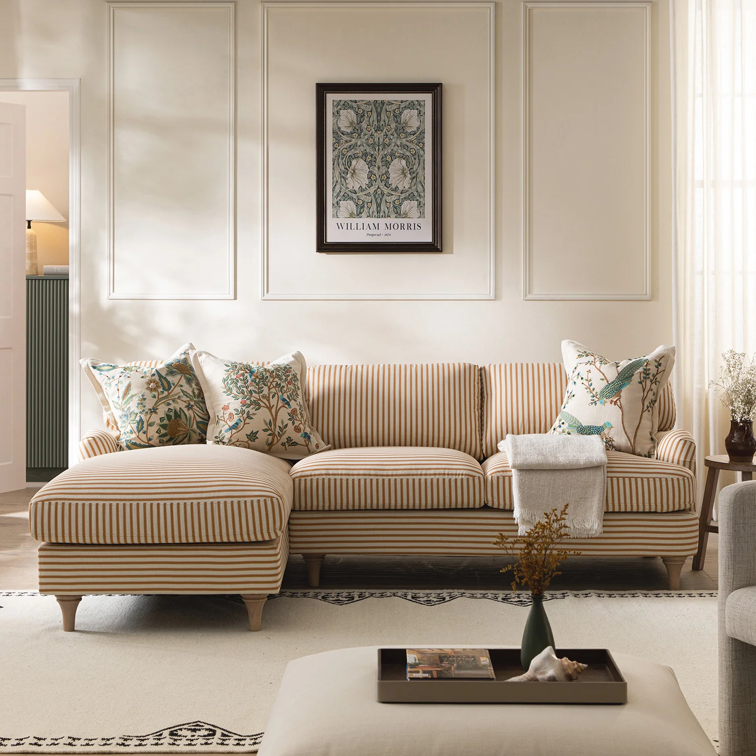 Daphnis Ochre Striped Linen Blend Sofa, Grande Chaise Sofa Left Hand Facing - Image 2