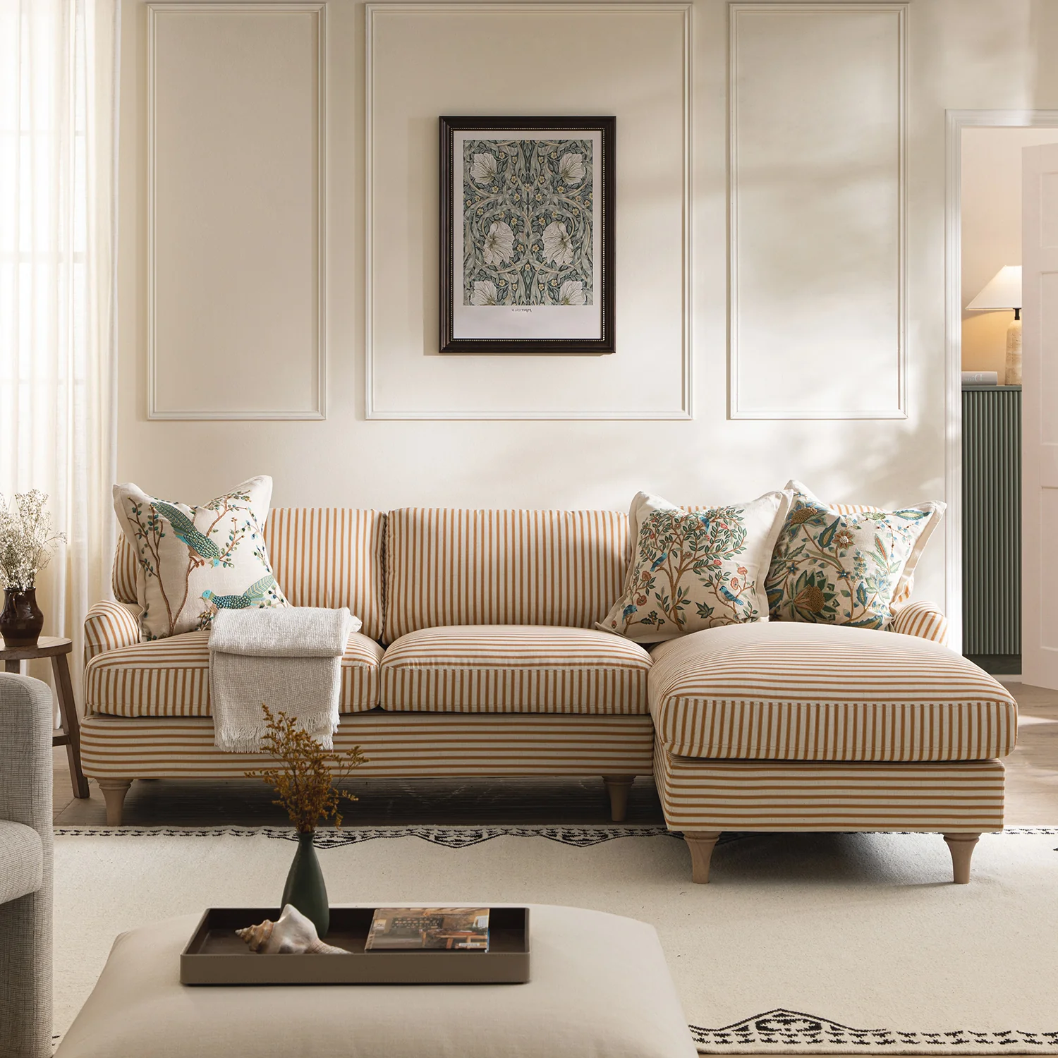 Daphnis Ochre Striped Linen Blend Sofa, Grande Chaise Sofa Right Hand Facing - Image 2