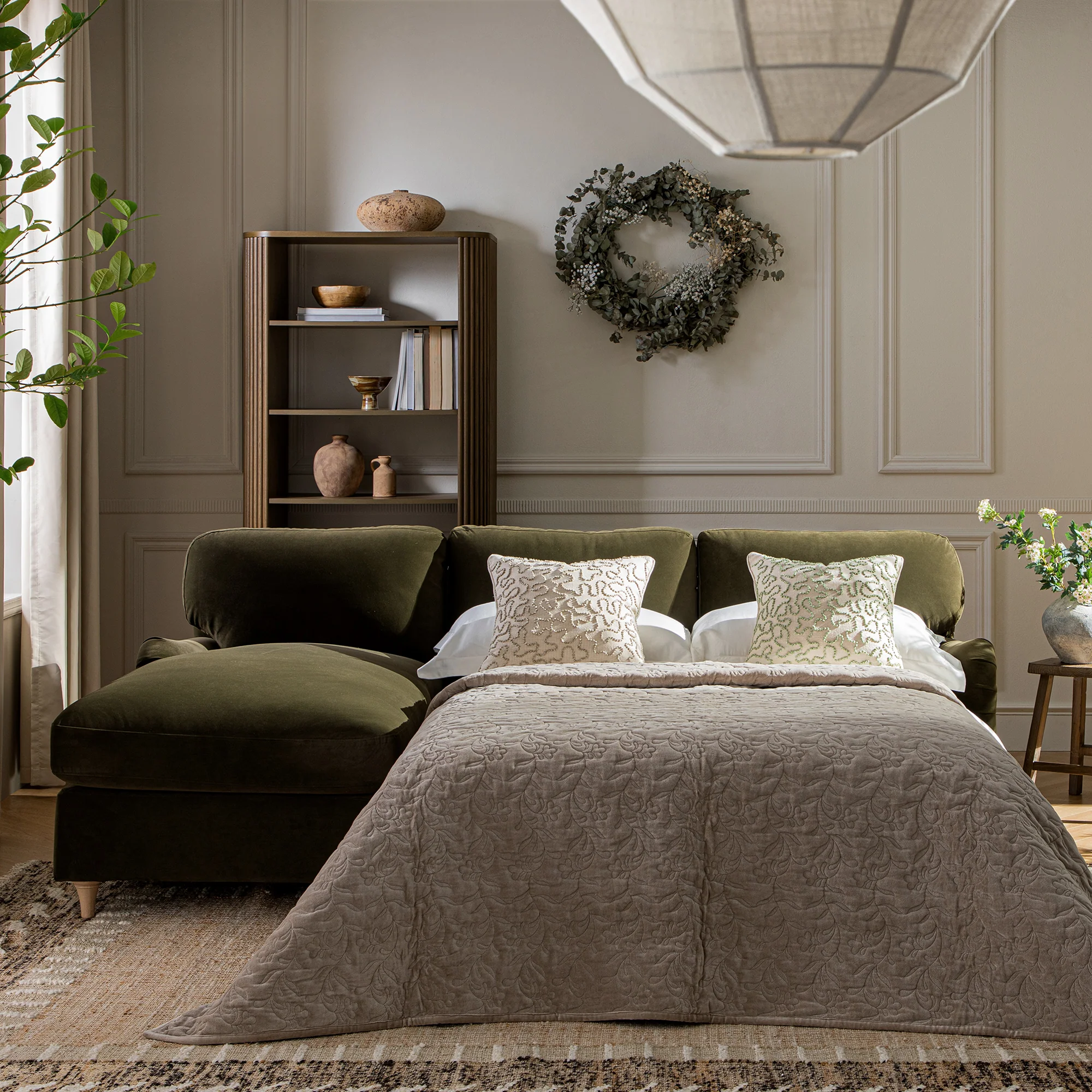 Daphnis Seaweed Velvet Sofa Bed, Grande Chaise Left Hand Facing - Image 2