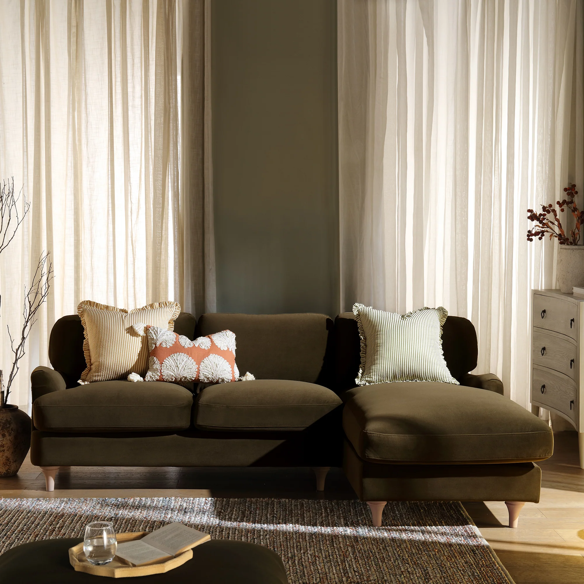Daphnis Seaweed Velvet Sofa, Grande Chaise Sofa Right Hand Facing - Image 2