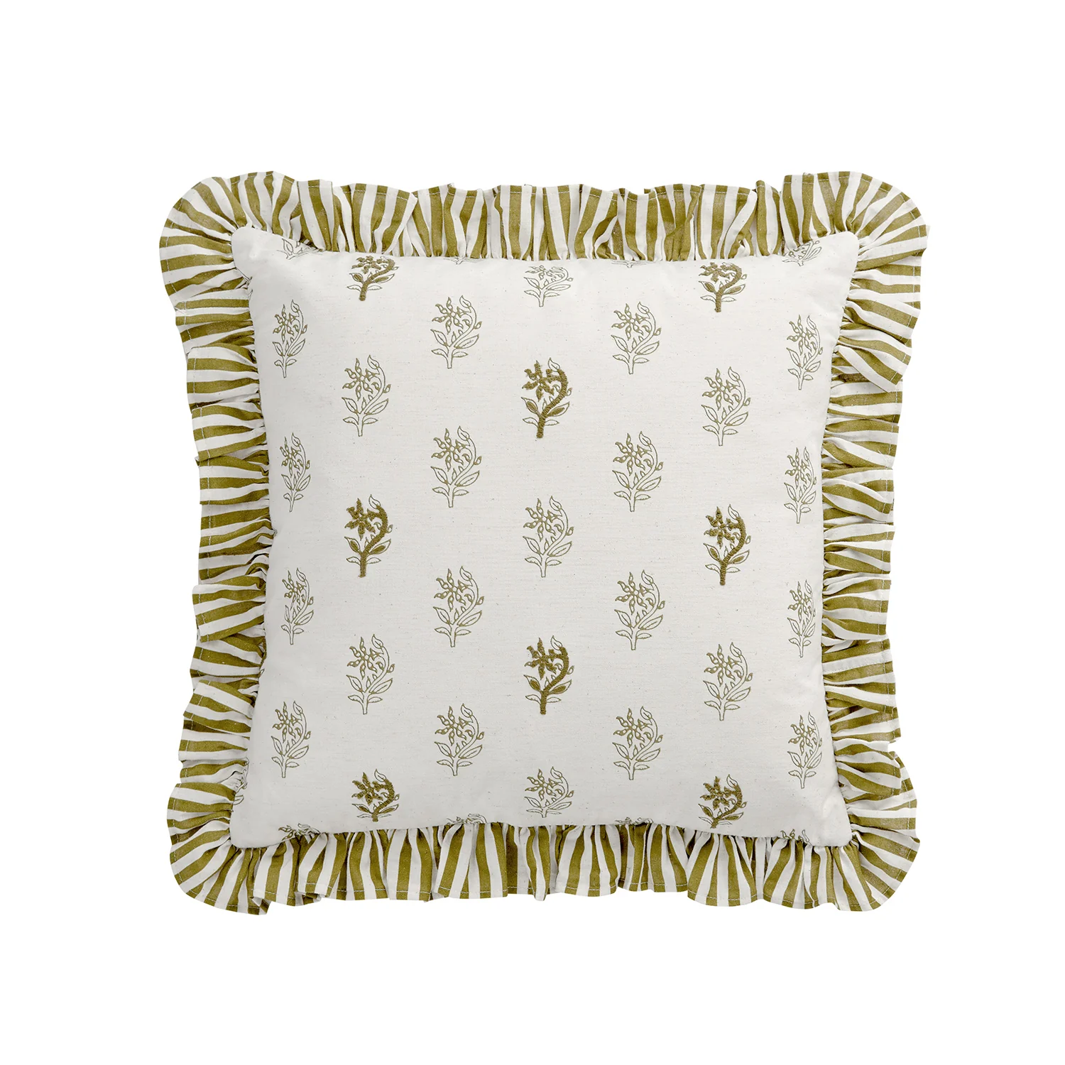 Darcy Floral Olive Green Embroidered Ruffle Linen Blend Cushion