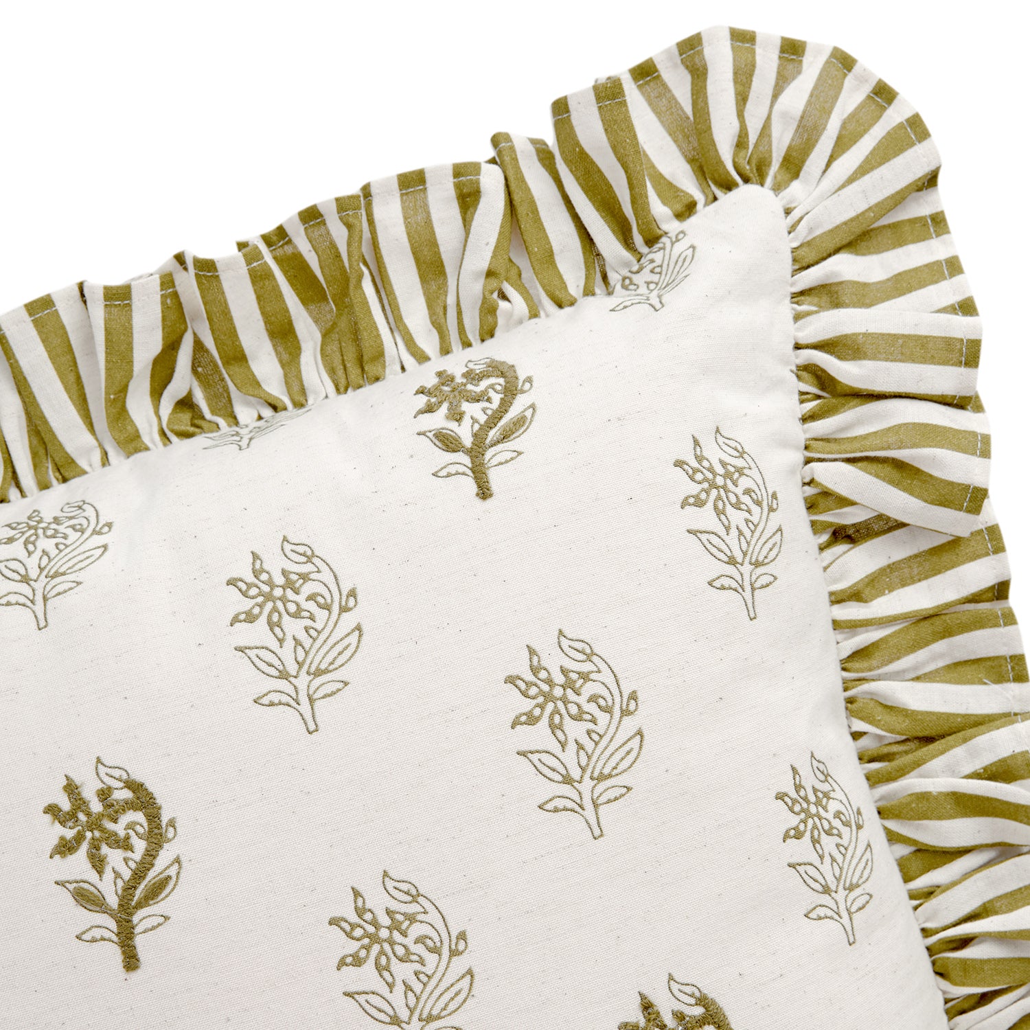 Darcy Floral Olive Green Embroidered Ruffle Linen Blend Cushion - Image 2