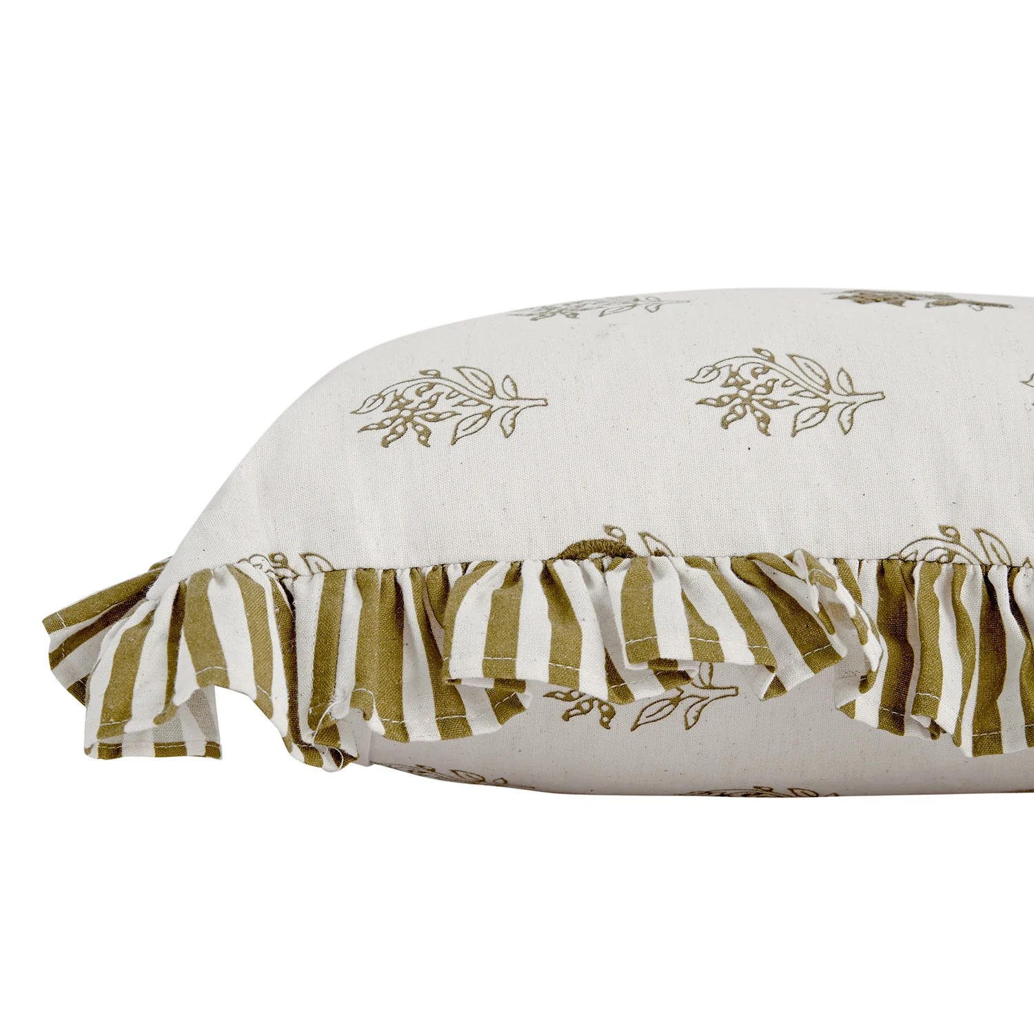 Darcy Floral Olive Green Embroidered Ruffle Linen Blend Cushion - Image 3