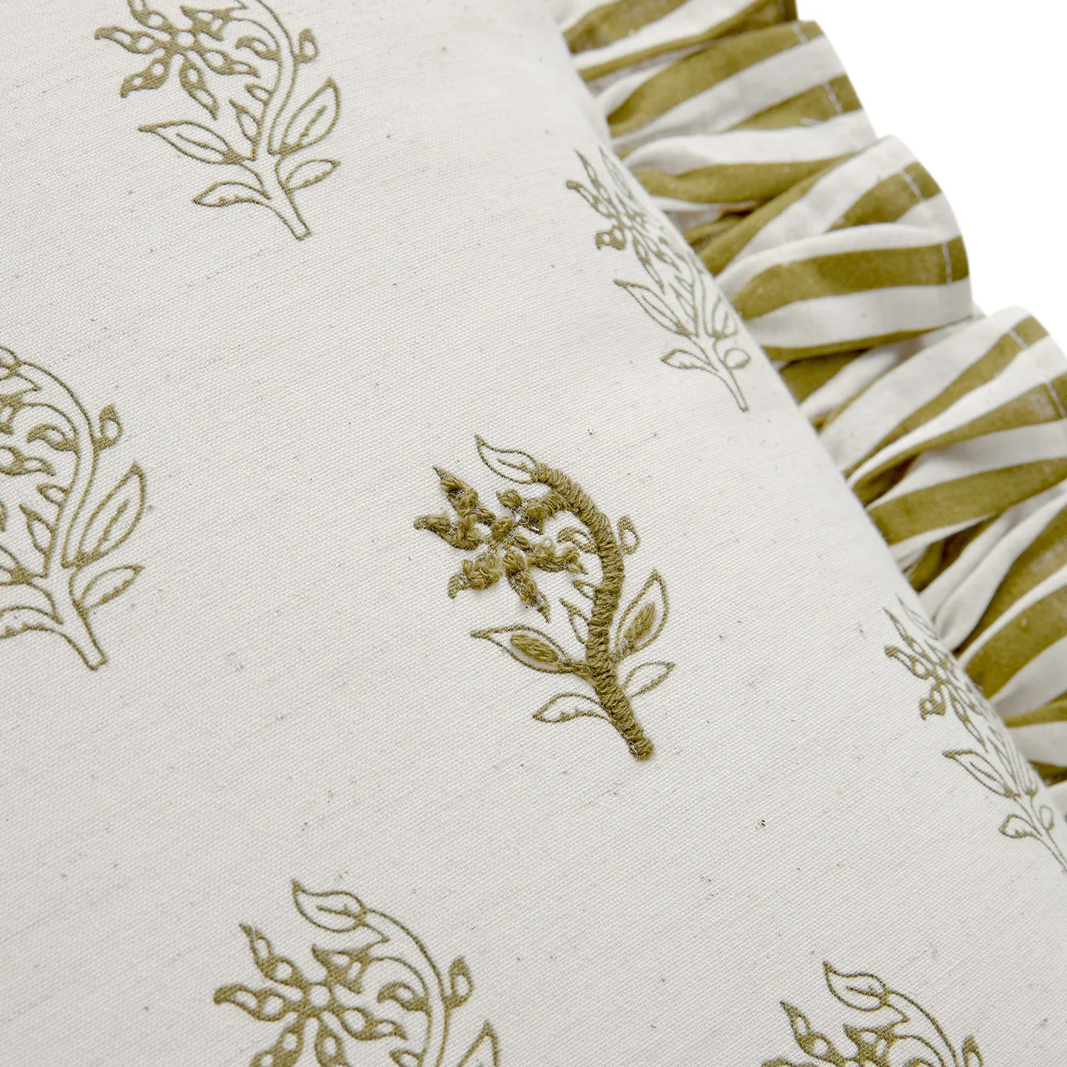 Darcy Floral Olive Green Embroidered Ruffle Linen Blend Cushion - Image 4