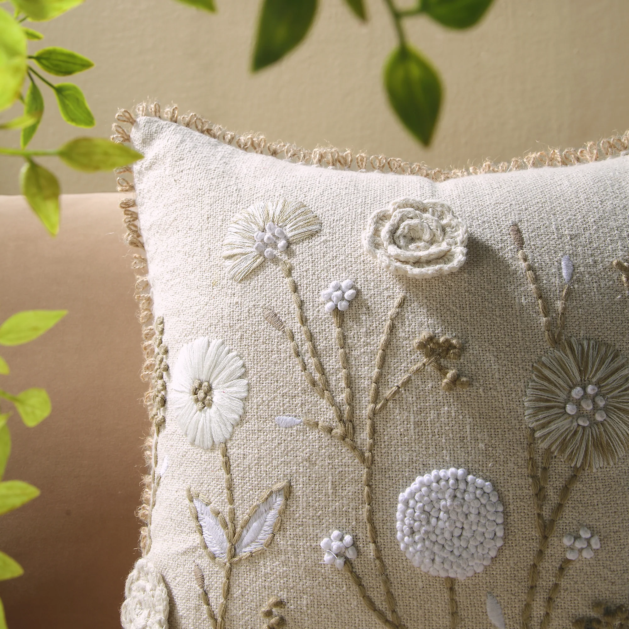 Delilah Crochet Jute Lace Hand Embroidered Square Cushion - Image 3
