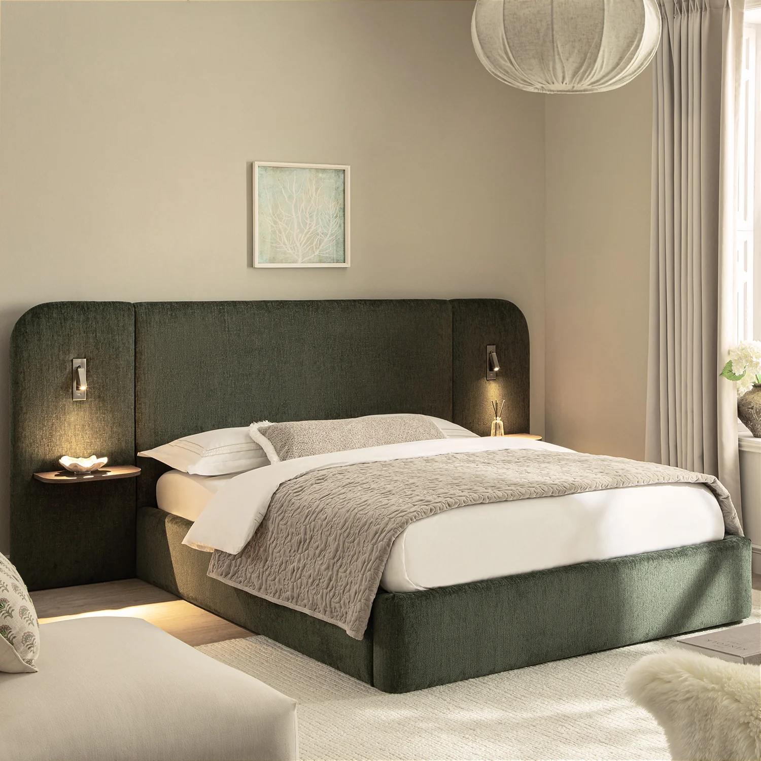 Della Extended Headboard Storage Bed, Moss Green Chenille - Image 2