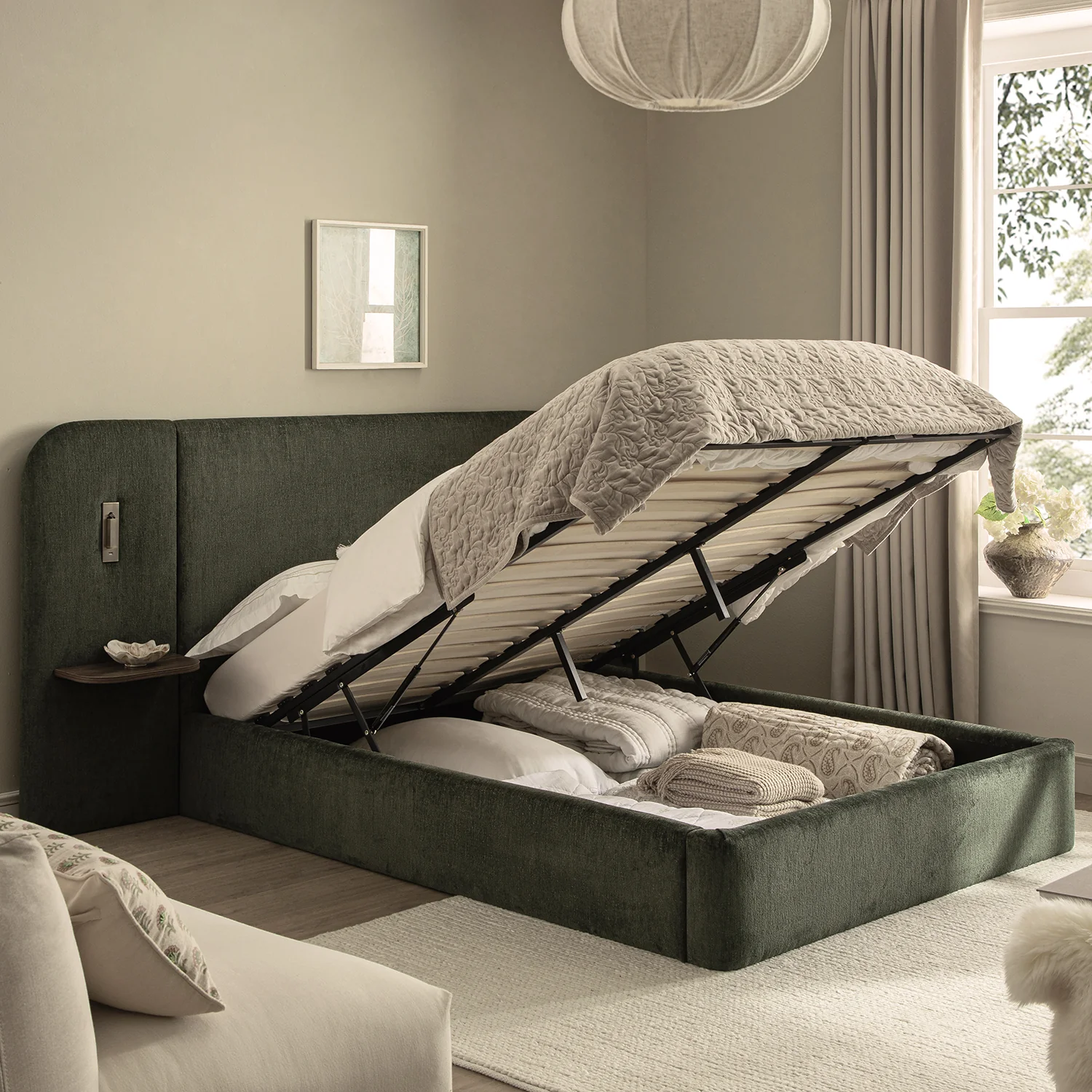 Della Extended Headboard Storage Bed, Moss Green Chenille - Image 3