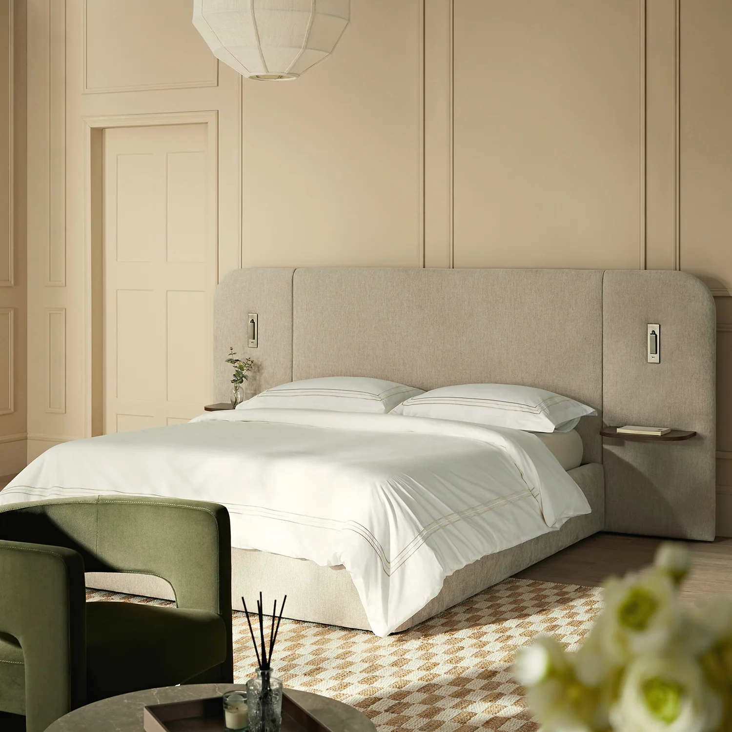 Della Extended Headboard Storage Bed, Soft Beige Chenille - Image 2