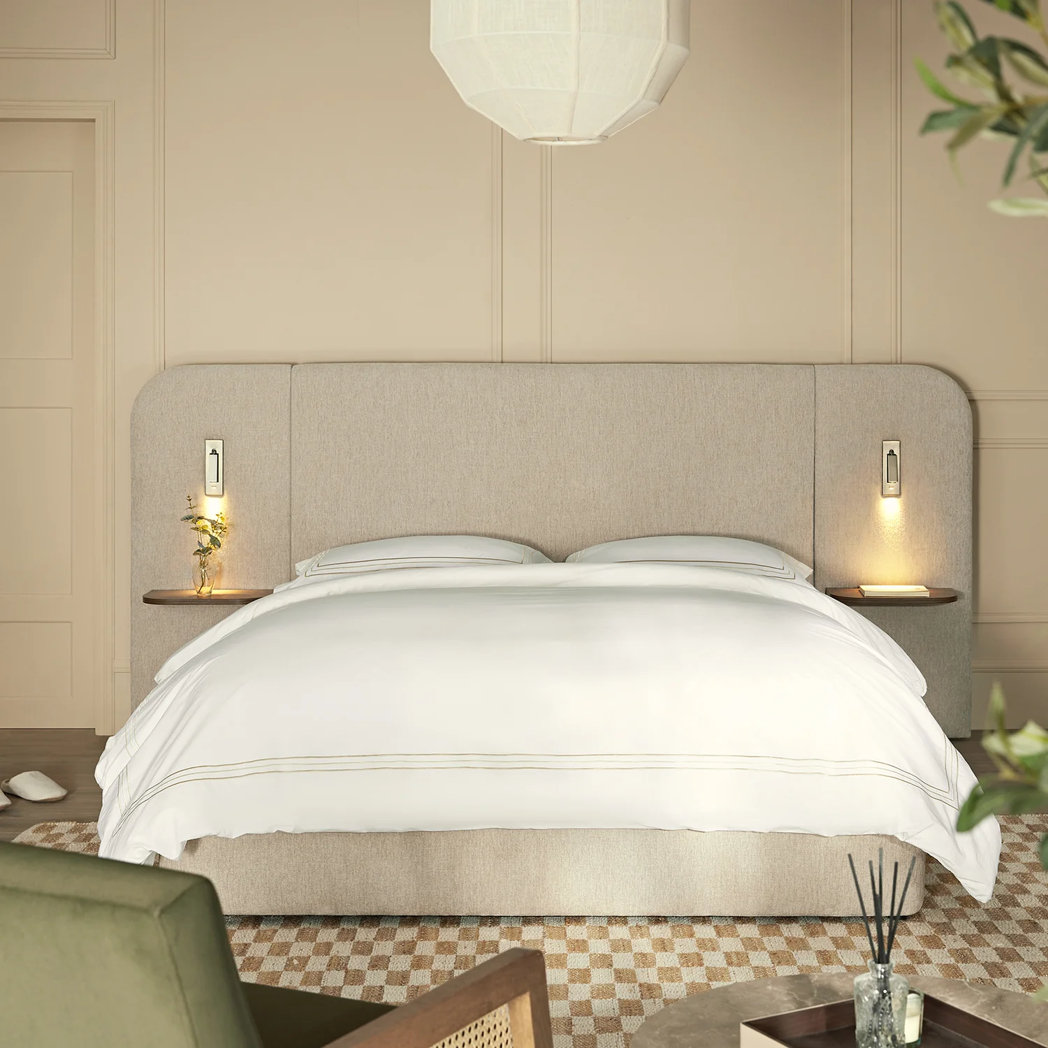 Della Extended Headboard Storage Bed, Soft Beige Chenille - Image 3