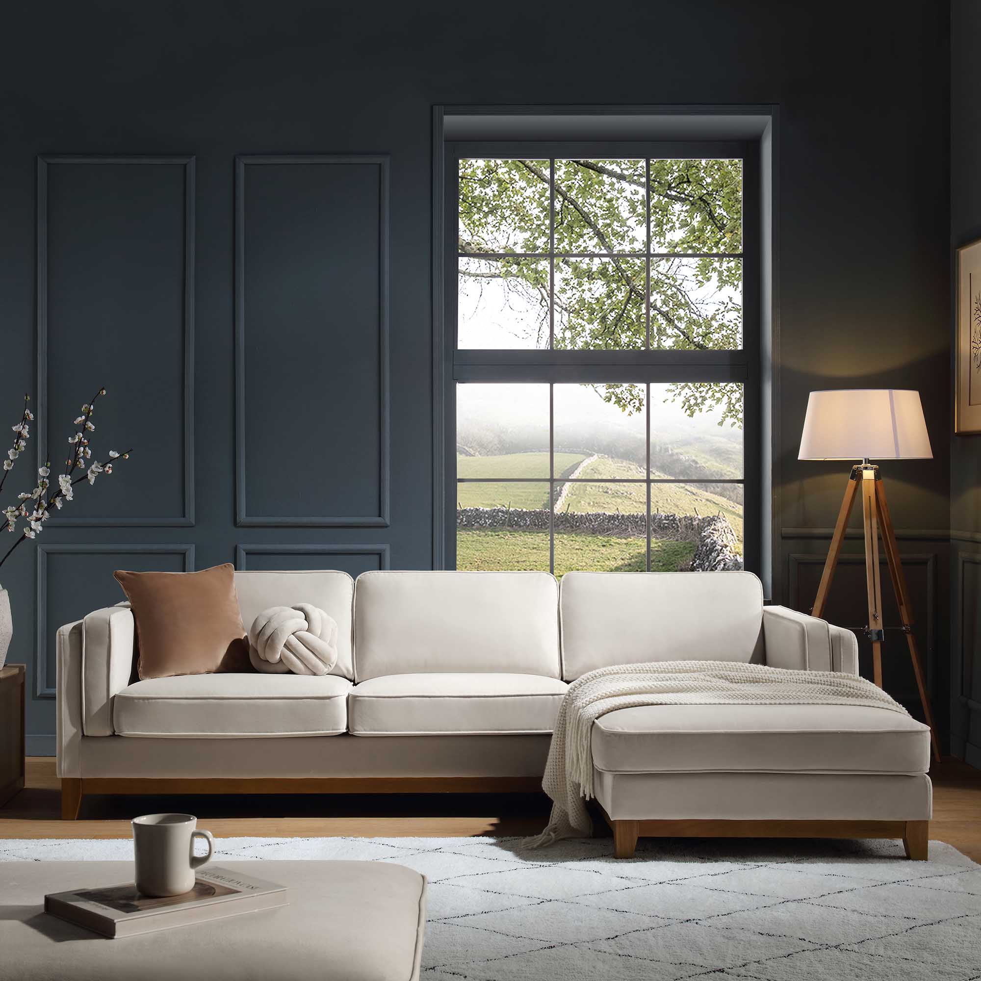 Dipley Champagne Velvet Sofa, Grande Chaise Sofa Right Hand Facing - Image 2