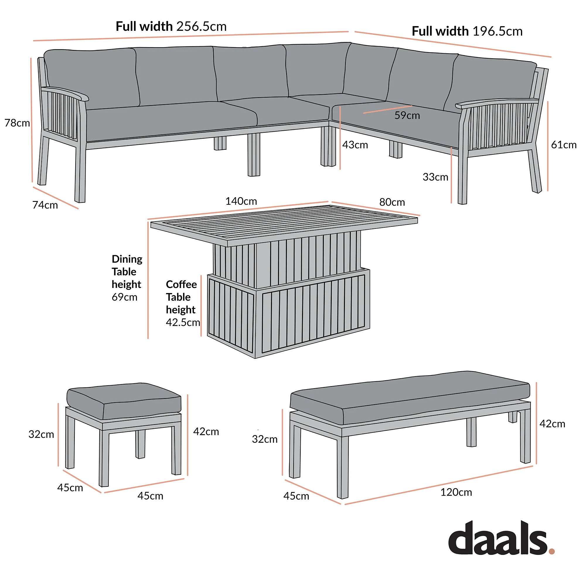 Earlswood Aluminium Washed Wood Effect Large Corner Sofa Set with Rising Table - Image 5