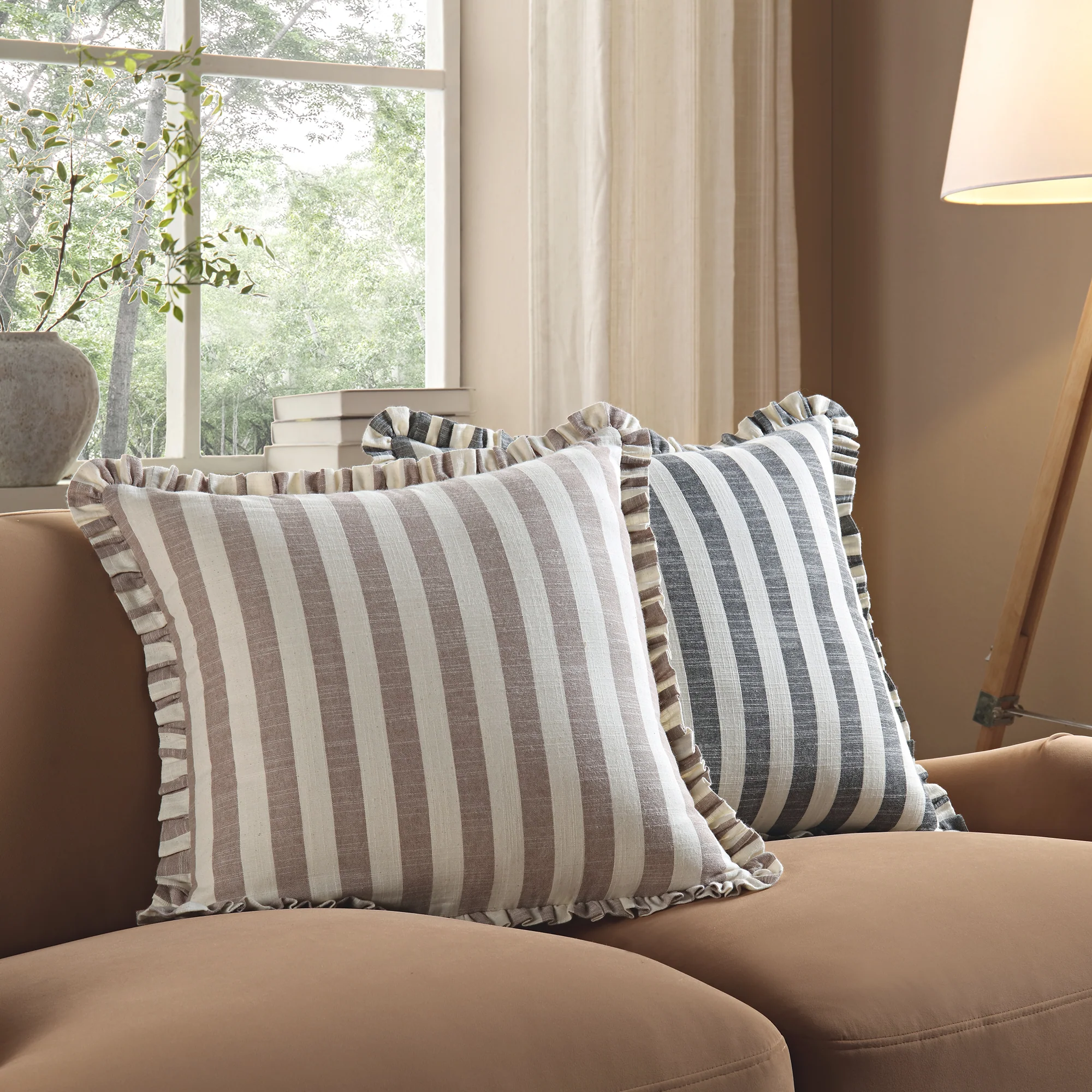 Edith Reversible Linen Blend Beige Striped Frill Cushion - Image 2