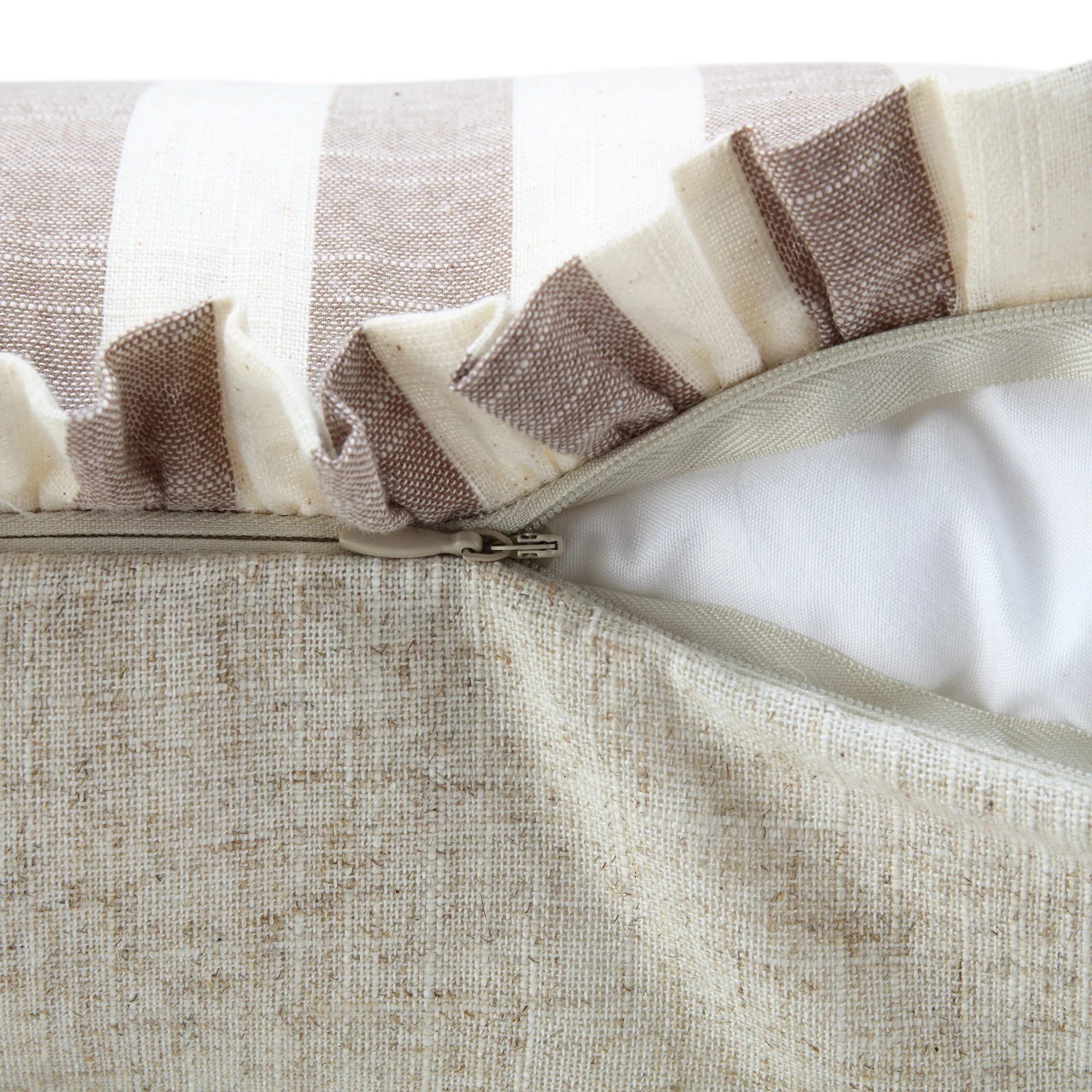 Edith Reversible Linen Blend Beige Striped Frill Cushion - Image 9